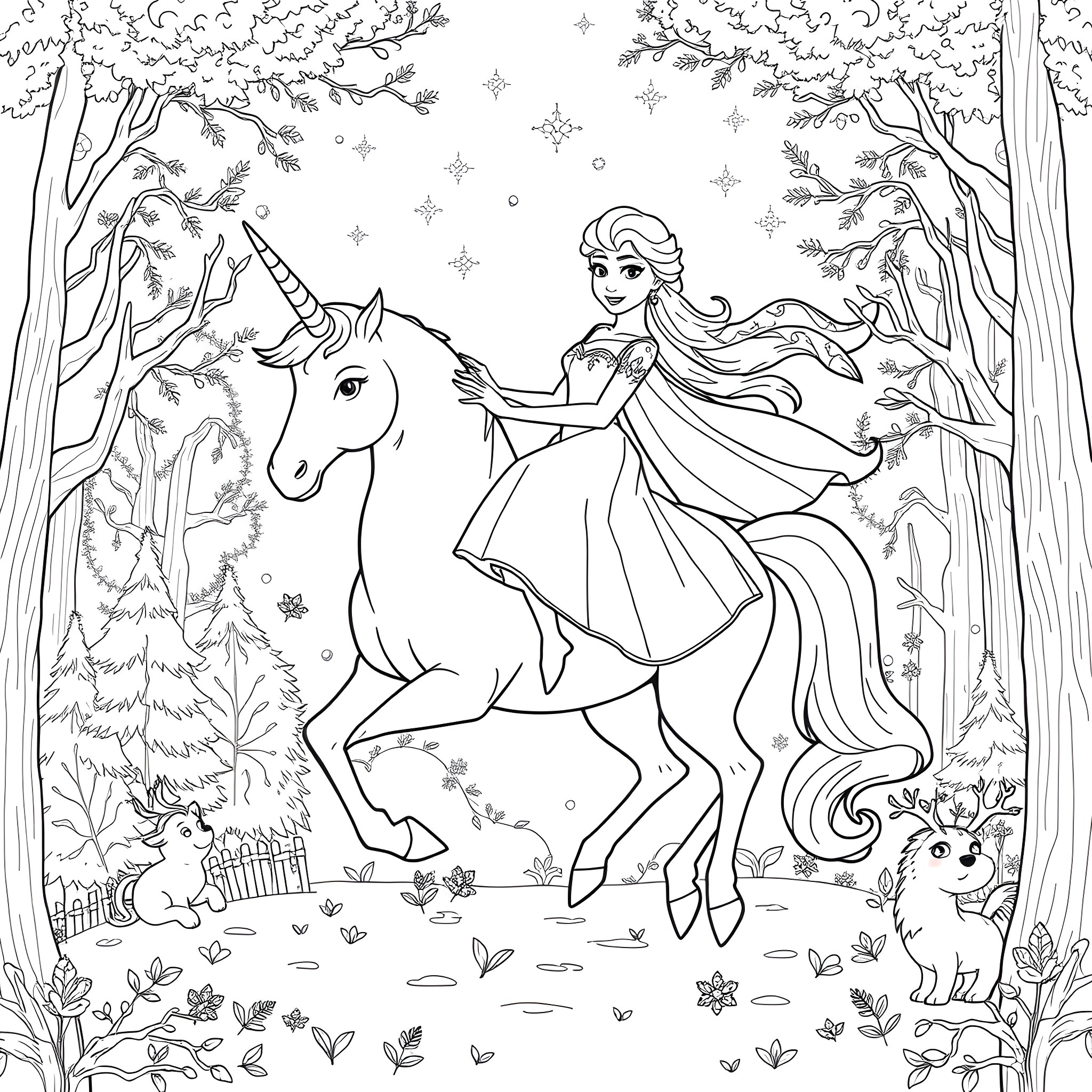 Elsa's Magical Unicorn Ride Through the Enchanted Forest Coloring Page (free black-and-white line drawing printable PDF for all, from beginners to advanced learners, including children, teens, adults, and seniors)