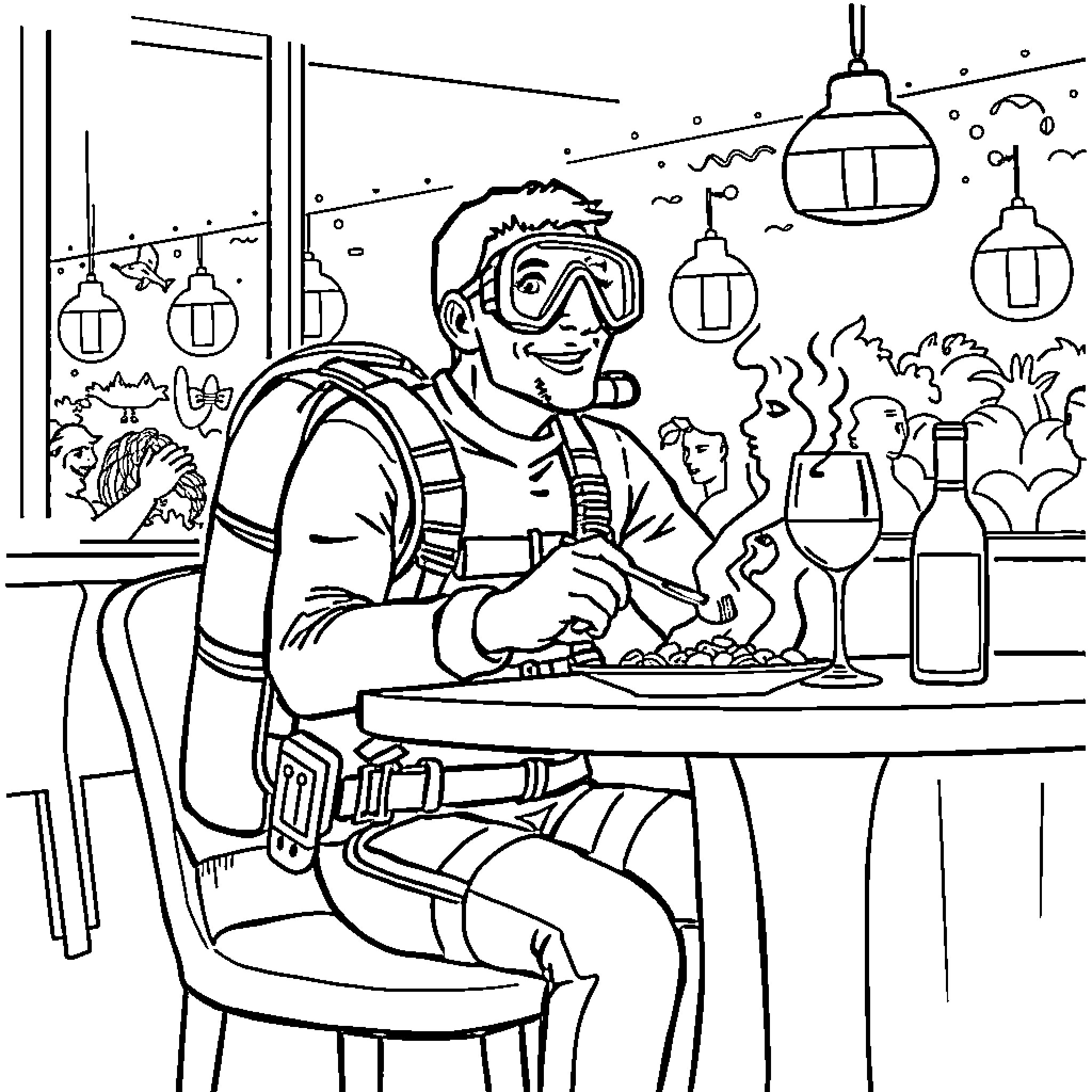 Man enjoying a meal in a cozy restaurant Coloring Page (free black-and-white line drawing printable PDF for all, from beginners to advanced learners, including children, teens, adults, and seniors)