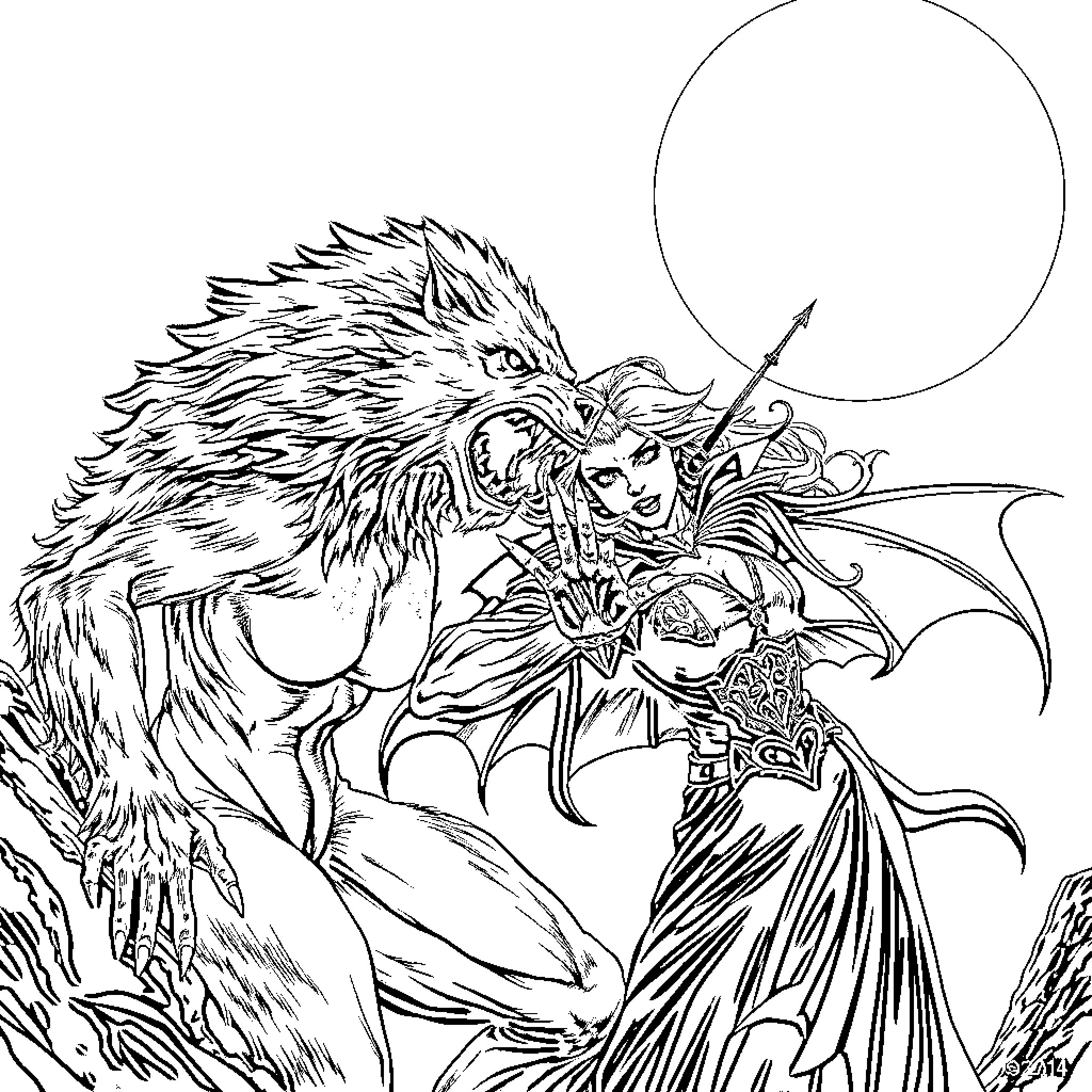 Werewolf and Dark Warrior in Fierce Battle Coloring Page (free black-and-white line drawing printable PDF for all, from beginners to advanced learners, including children, teens, adults, and seniors)