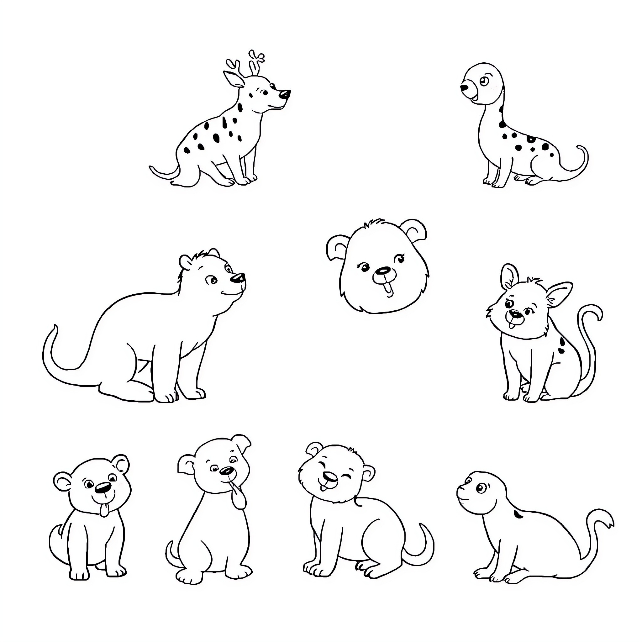 Animals in Playful Poses Coloring Page (free black-and-white line drawing printable PDF for all, from beginners to advanced learners, including children, teens, adults, and seniors)