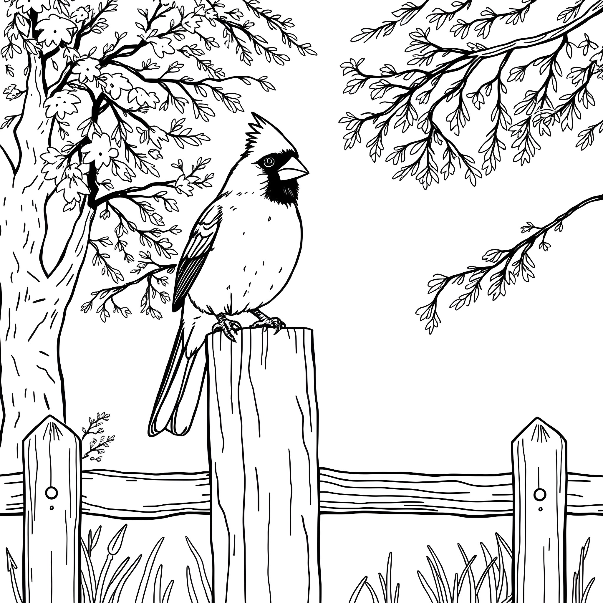 Cardinal perched on fence in winter landscape Coloring Page (free black-and-white line drawing printable PDF for all, from beginners to advanced learners, including children, teens, adults, and seniors)