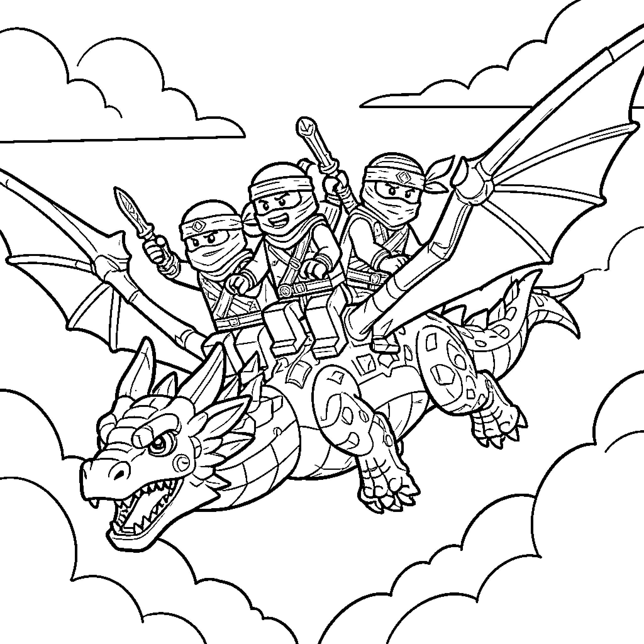 Ninjago warriors riding a dragon through the clouds Coloring Page (free black-and-white line drawing printable PDF for all, from beginners to advanced learners, including children, teens, adults, and seniors)