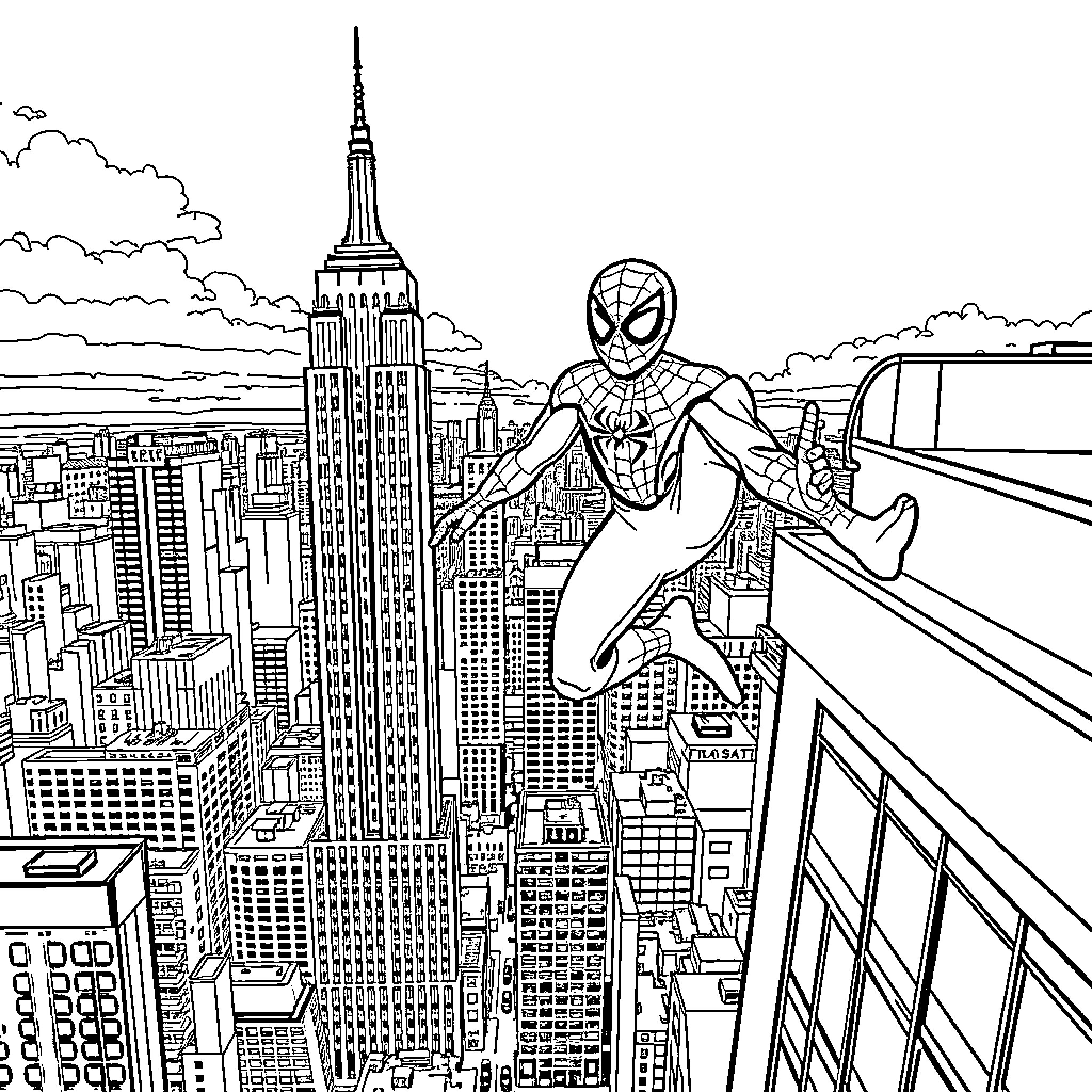 Spiderman swinging through the cityscape Coloring Page (free black-and-white line drawing printable PDF for all, from beginners to advanced learners, including children, teens, adults, and seniors)