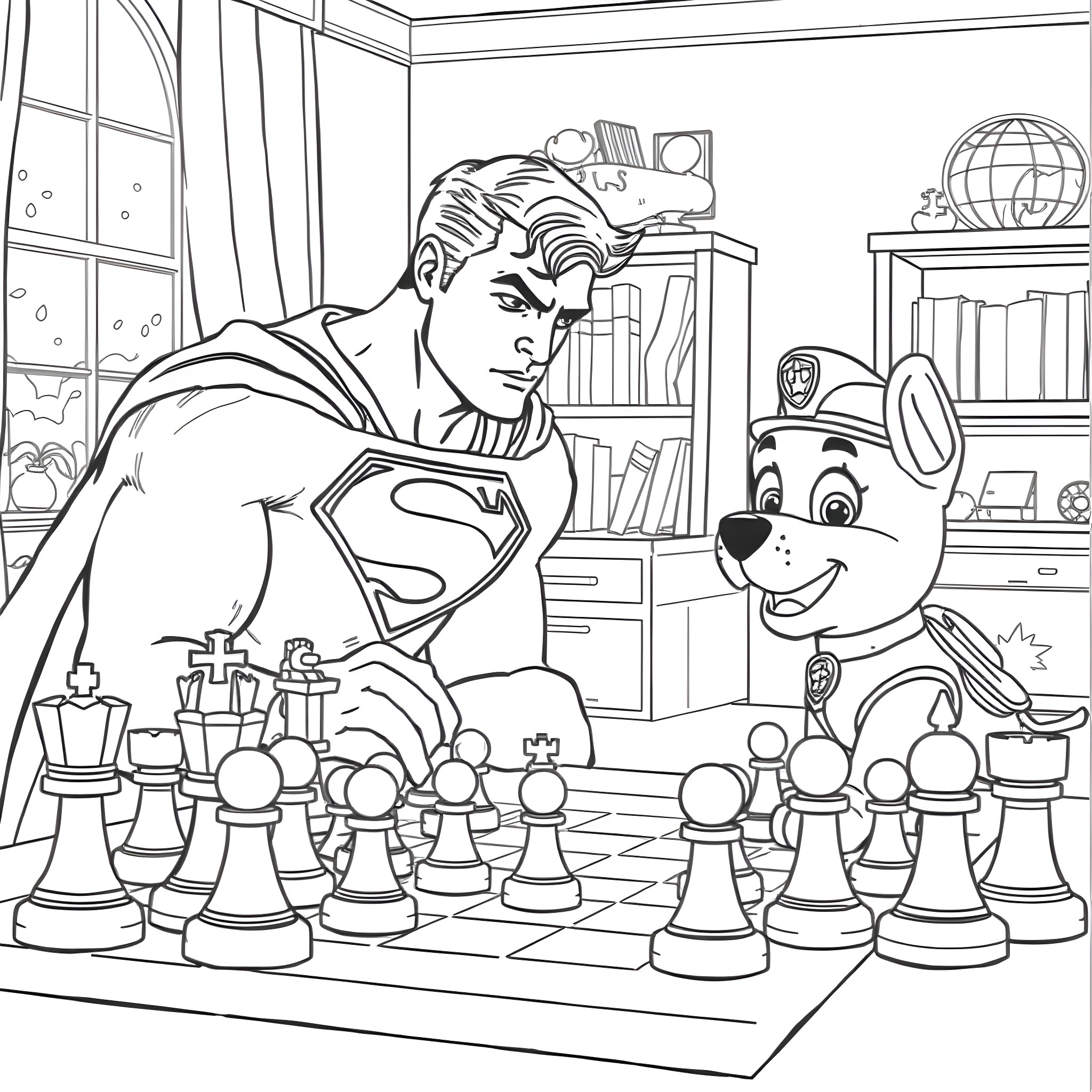 Superman Playing Chess with Puppy in Study Coloring Page (free black-and-white line drawing printable PDF for all, from beginners to advanced learners, including children, teens, adults, and seniors)
