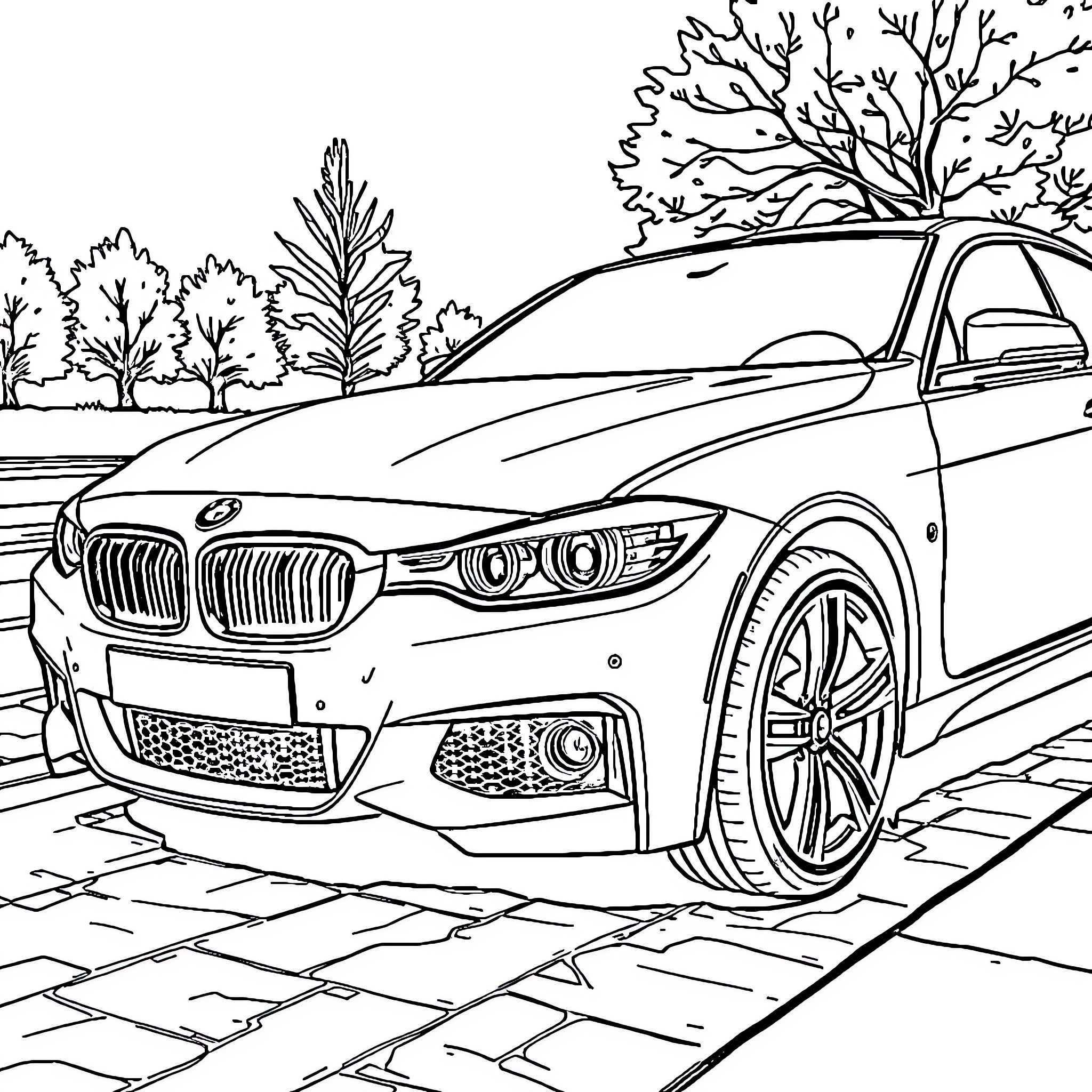 BMW sports car on a country road Coloring Page (free black-and-white line drawing printable PDF for all, from beginners to advanced learners, including children, teens, adults, and seniors)