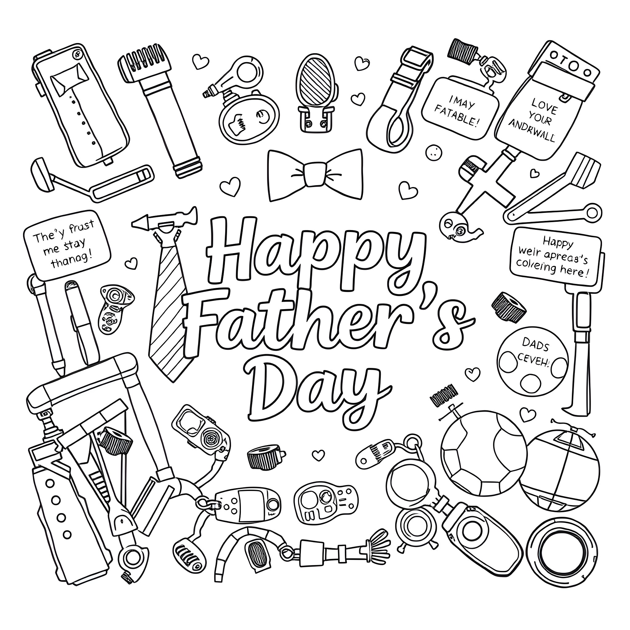 Father's Day celebration with various everyday objects Coloring Page (free black-and-white line drawing printable PDF for all, from beginners to advanced learners, including children, teens, adults, and seniors)