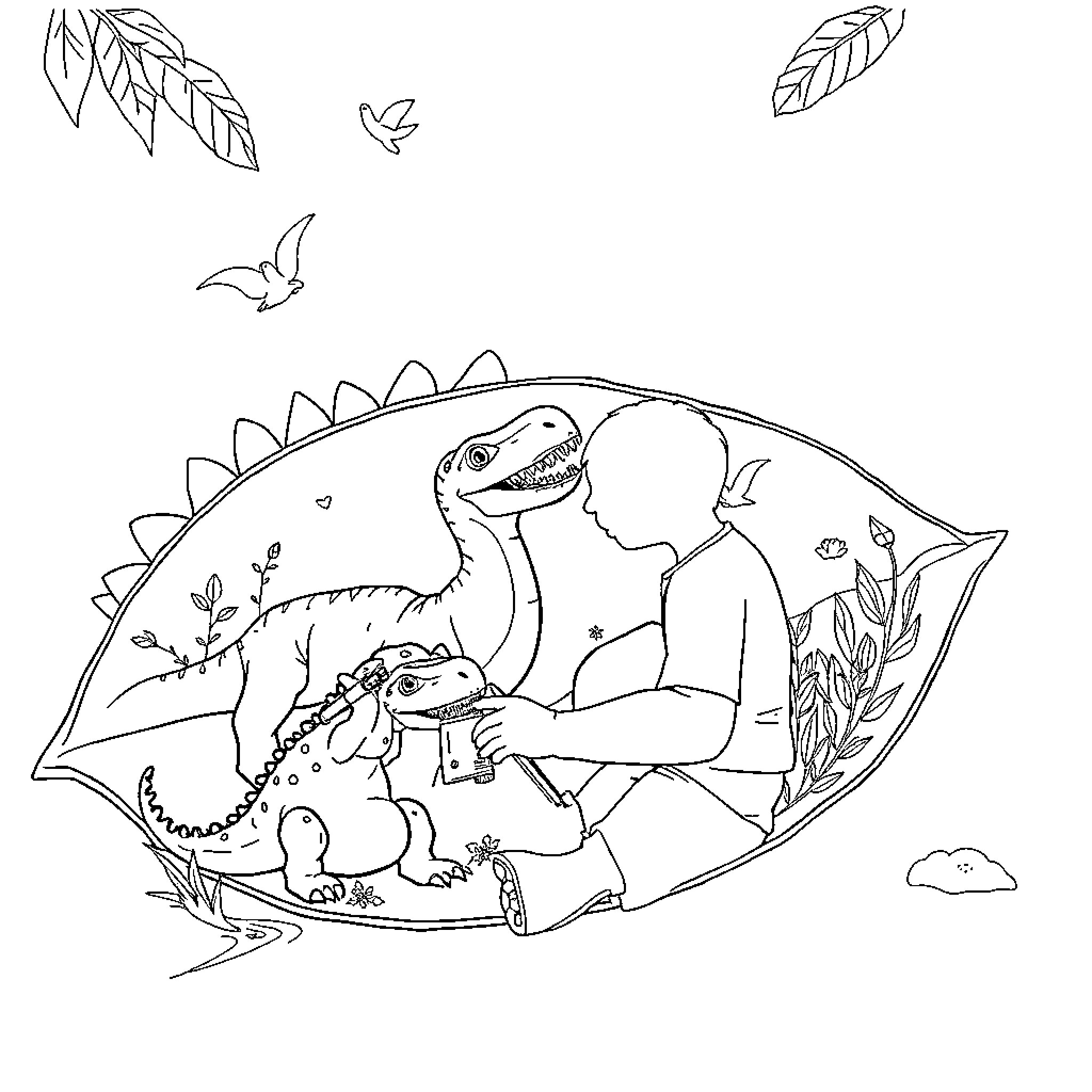 Dinosaurs in a Prehistoric Landscape Coloring Page (free black-and-white line drawing printable PDF for all, from beginners to advanced learners, including children, teens, adults, and seniors)