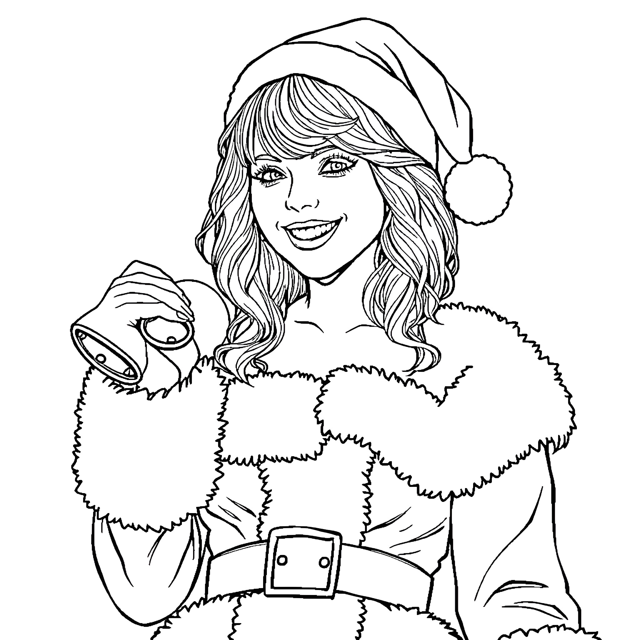 Taylor Swift in festive holiday attire Coloring Page (free black-and-white line drawing printable PDF for all, from beginners to advanced learners, including children, teens, adults, and seniors)