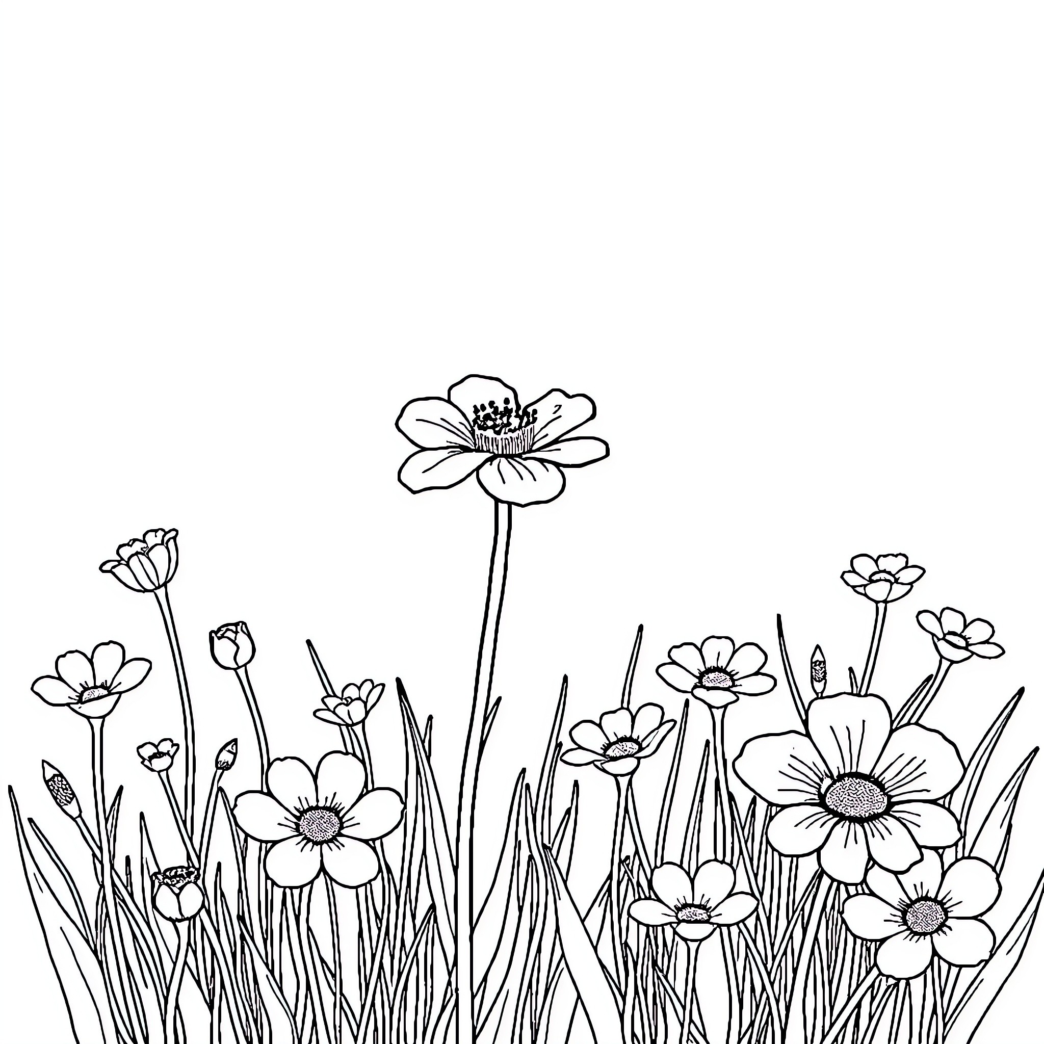 Poppy field with vibrant floral blooms Coloring Page (free black-and-white line drawing printable PDF for all, from beginners to advanced learners, including children, teens, adults, and seniors)