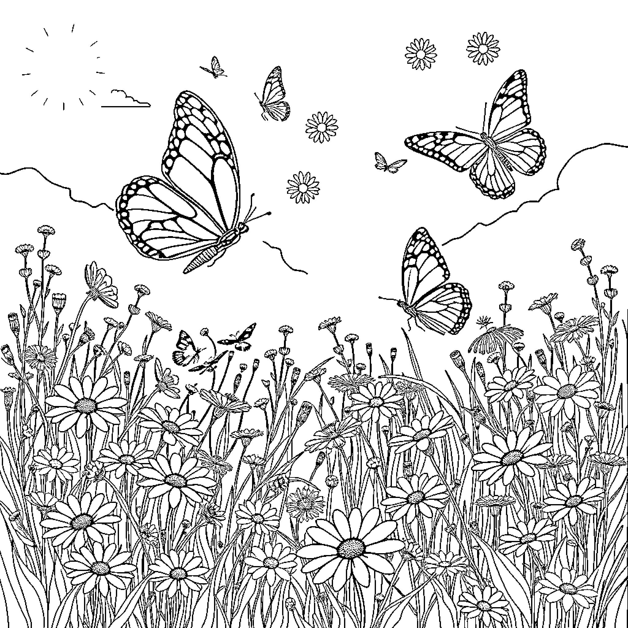 Butterflies dancing in a flowery meadow Coloring Page (free black-and-white line drawing printable PDF for all, from beginners to advanced learners, including children, teens, adults, and seniors)