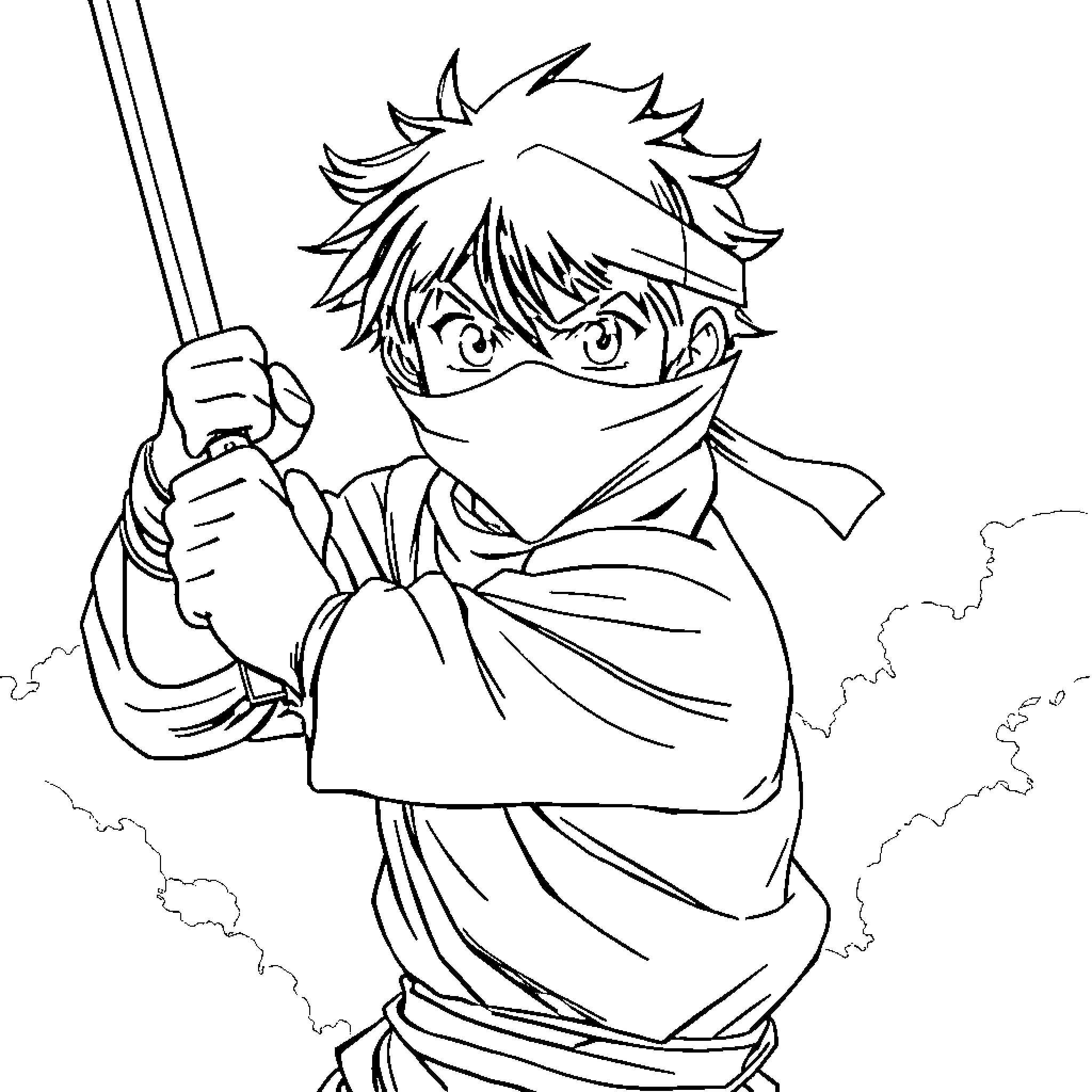 Kojiro, the Courageous Ninja in Training Coloring Page (free black-and-white line drawing printable PDF for all, from beginners to advanced learners, including children, teens, adults, and seniors)
