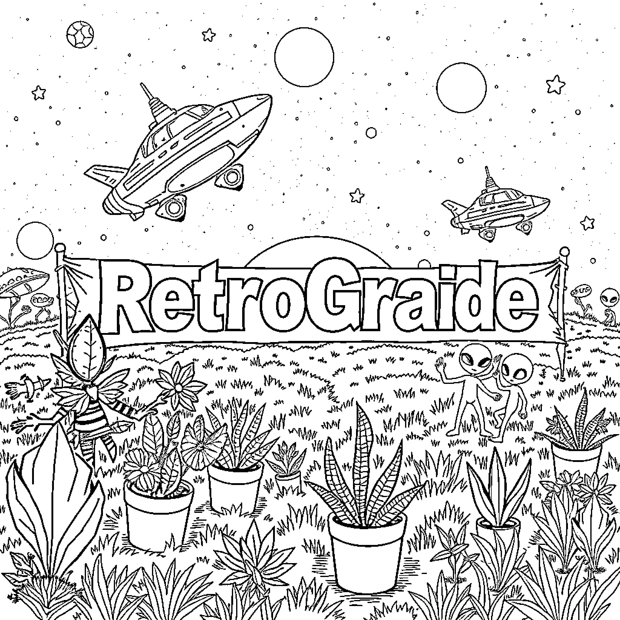 Alien Spacecraft Exploration in the Retro Grade Coloring Page (free black-and-white line drawing printable PDF for all, from beginners to advanced learners, including children, teens, adults, and seniors)