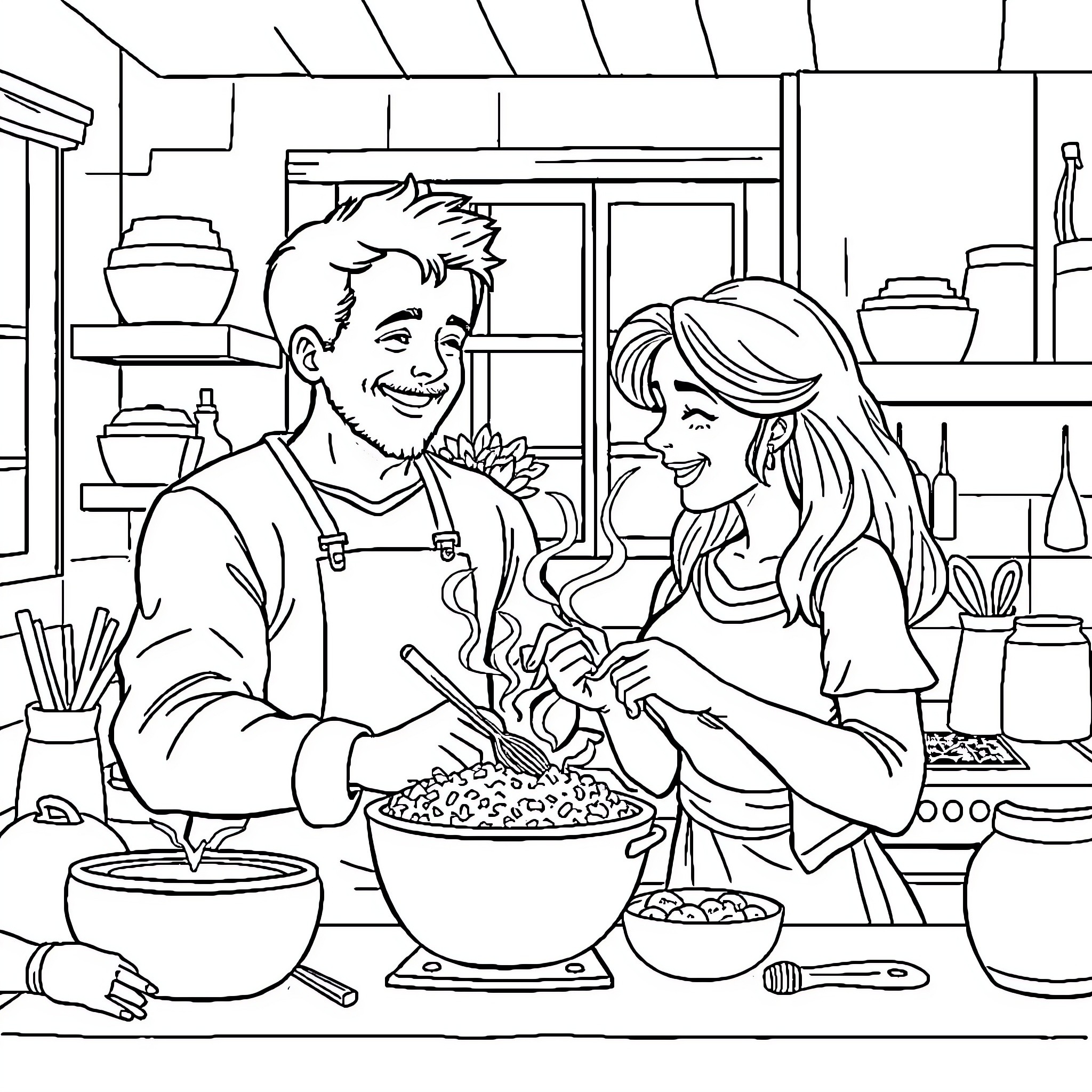 Chef preparing a meal with a customer in the kitchen Coloring Page (free black-and-white line drawing printable PDF for all, from beginners to advanced learners, including children, teens, adults, and seniors)