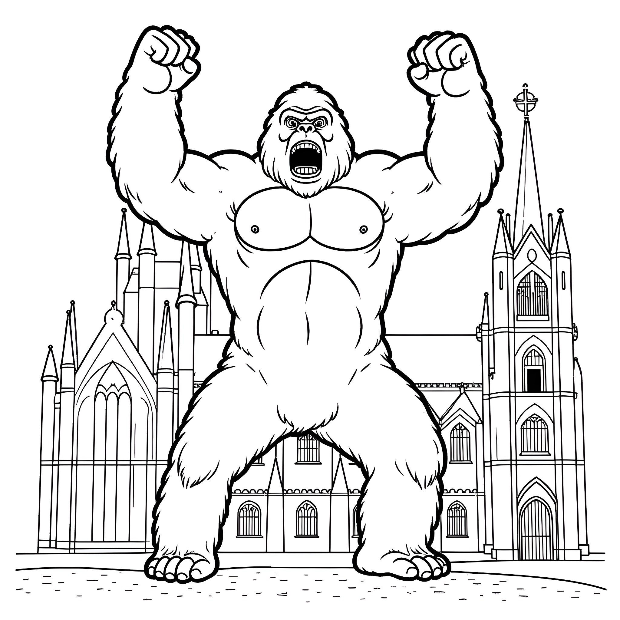 King Kong roaring in front of a medieval castle Coloring Page (free black-and-white line drawing printable PDF for all, from beginners to advanced learners, including children, teens, adults, and seniors)