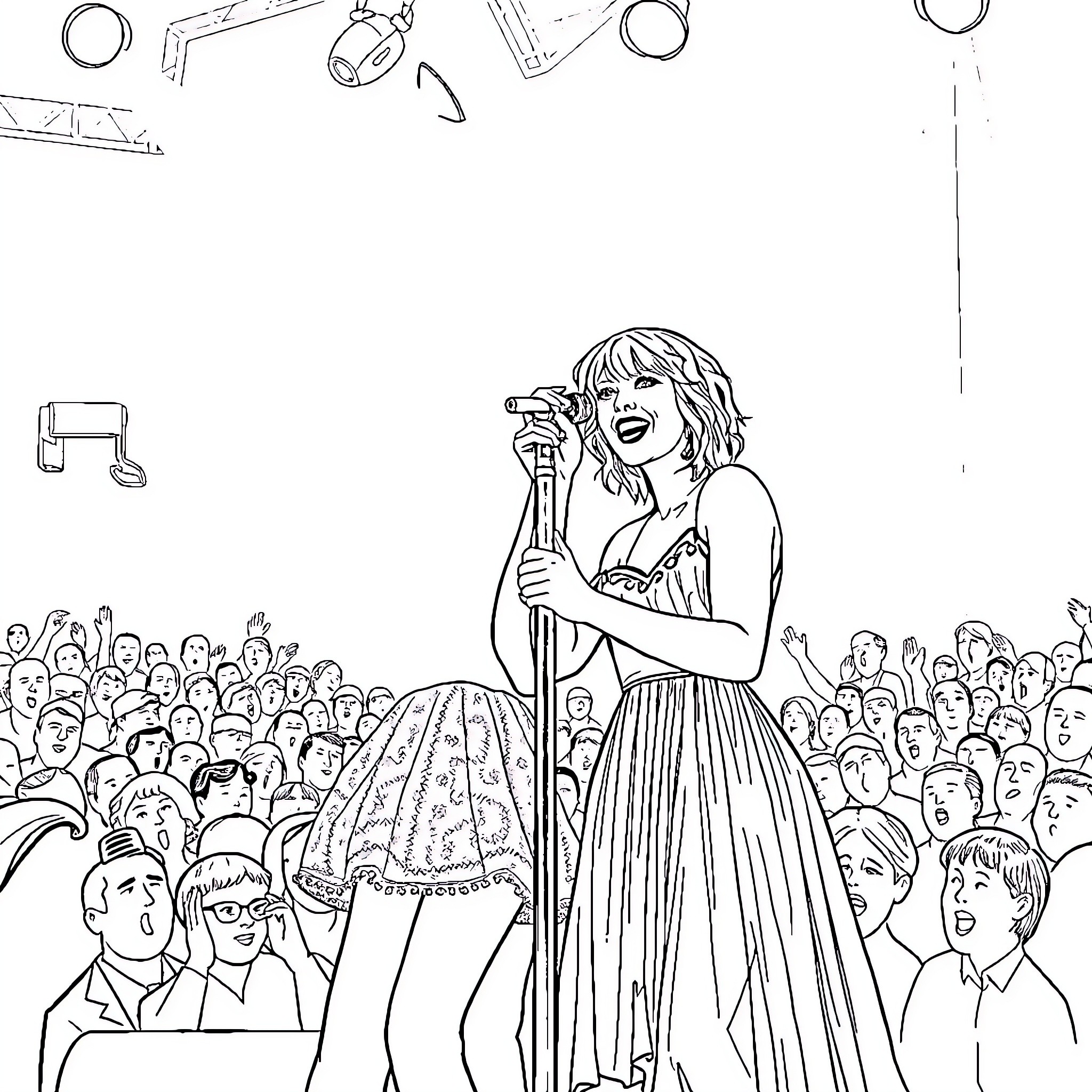 Taylor Swift Performing on Stage with Crowd Coloring Page (free black-and-white line drawing printable PDF for all, from beginners to advanced learners, including children, teens, adults, and seniors)