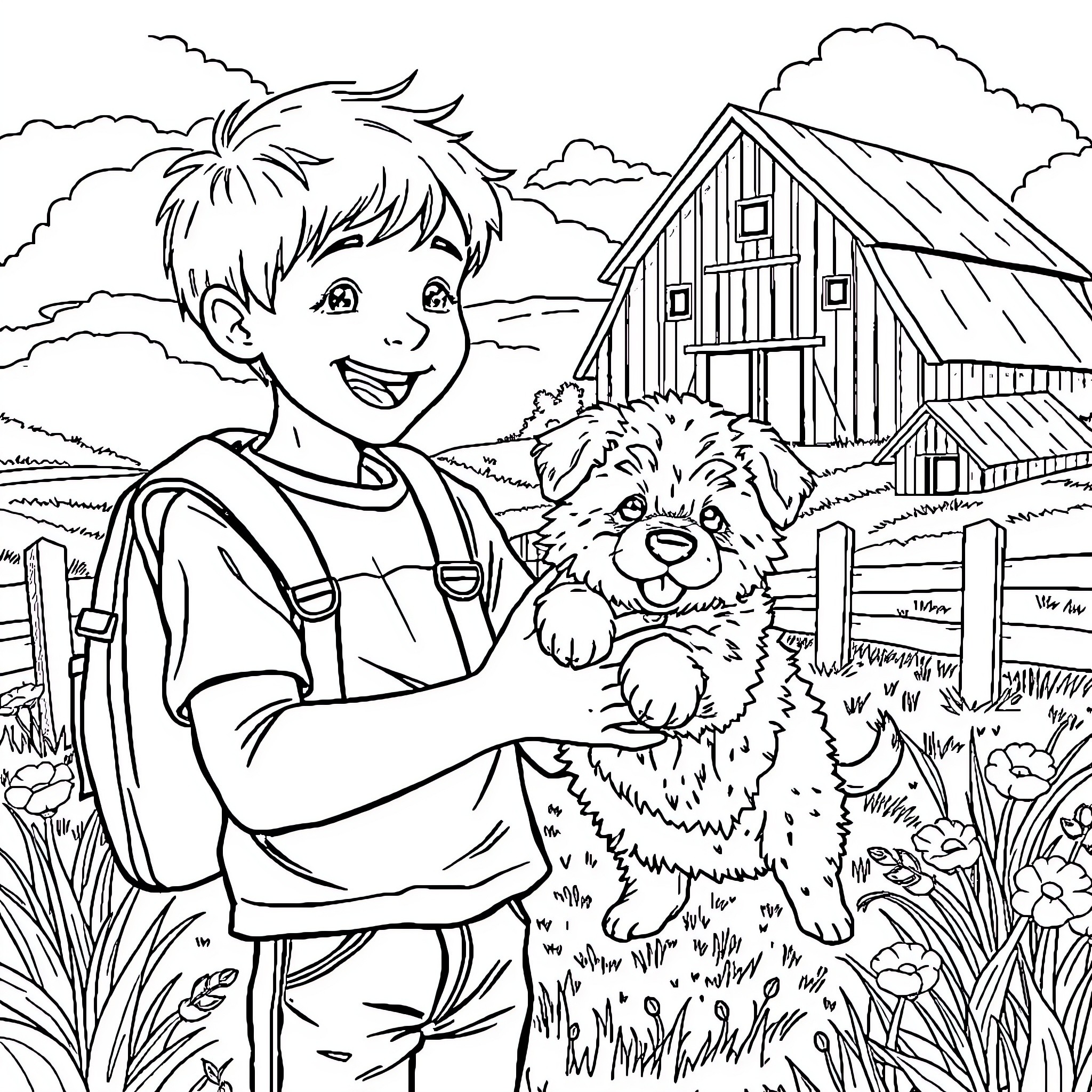 Boy enjoying time with his pet dog on the farm Coloring Page (free black-and-white line drawing printable PDF for all, from beginners to advanced learners, including children, teens, adults, and seniors)