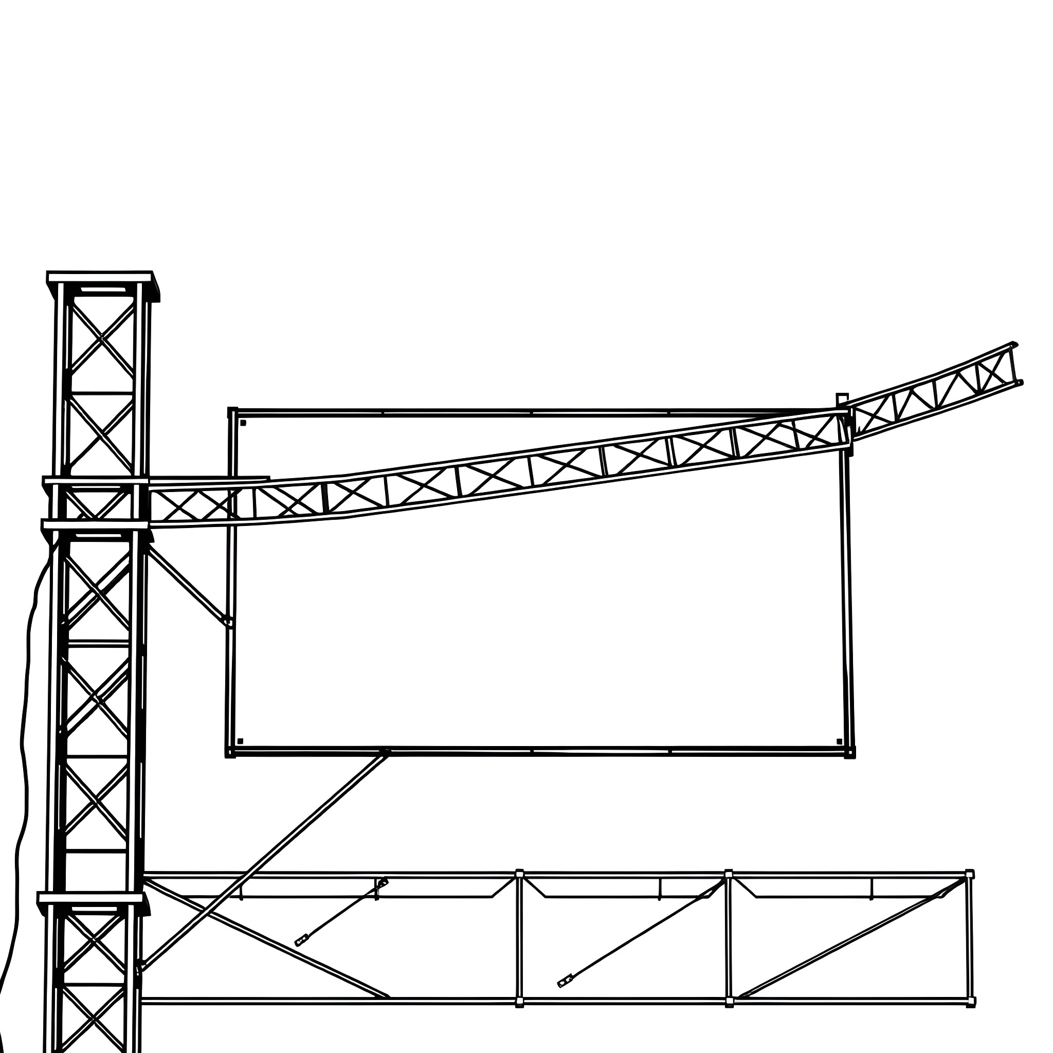 Video Wall of Construction Crane and Frame Coloring Page (free black-and-white line drawing printable PDF for all, from beginners to advanced learners, including children, teens, adults, and seniors)
