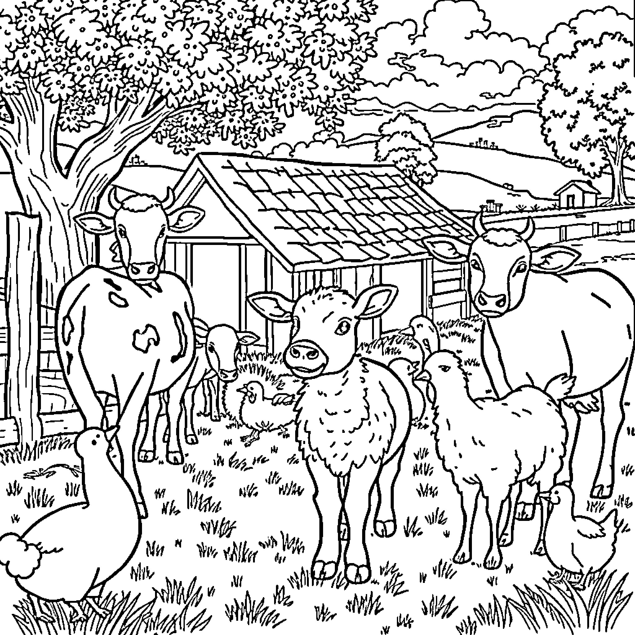 Granja con animales de granja en el campo Coloring Page (free black-and-white line drawing printable PDF for all, from beginners to advanced learners, including children, teens, adults, and seniors)