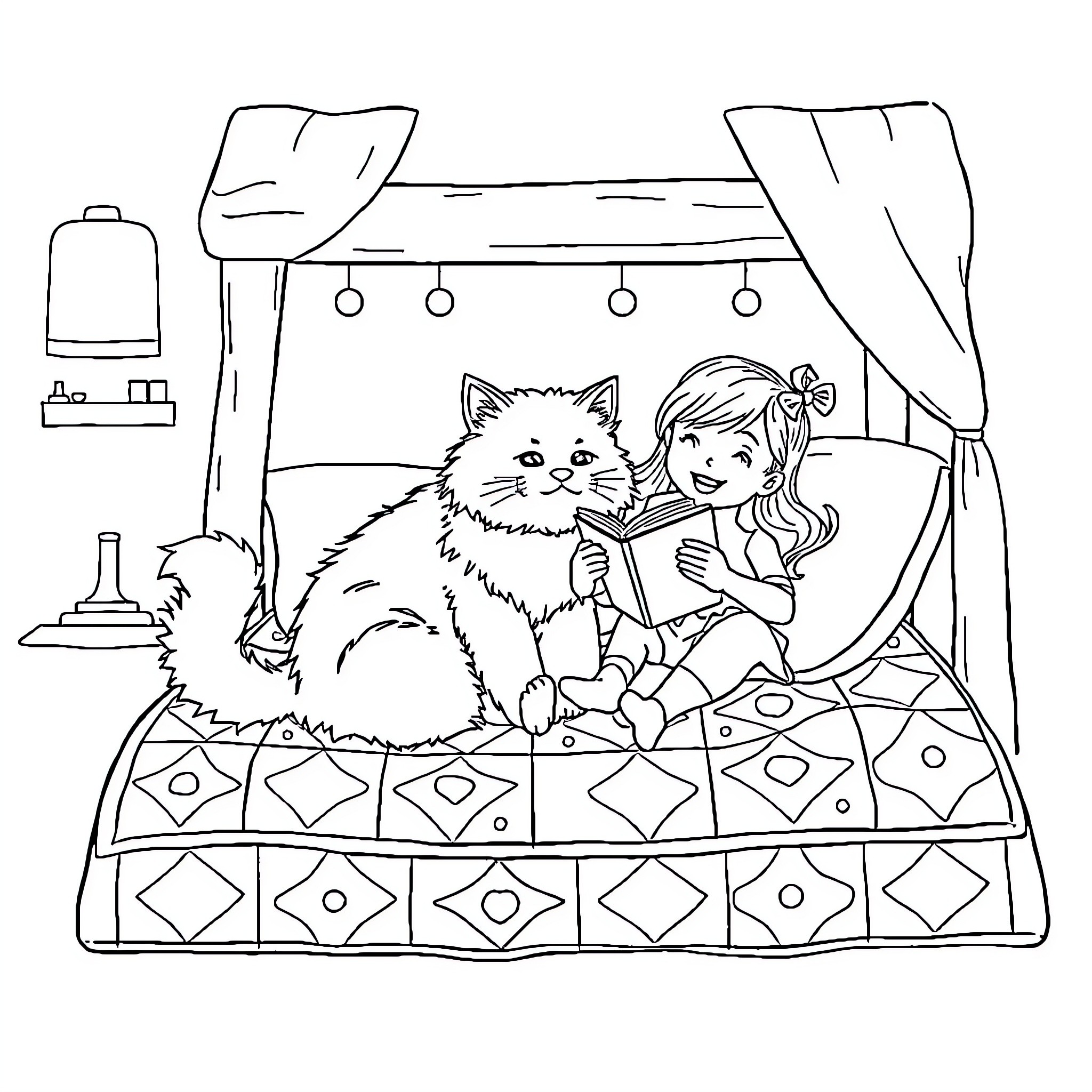 Cat enjoying cozy reading time with girl Coloring Page (free black-and-white line drawing printable PDF for all, from beginners to advanced learners, including children, teens, adults, and seniors)