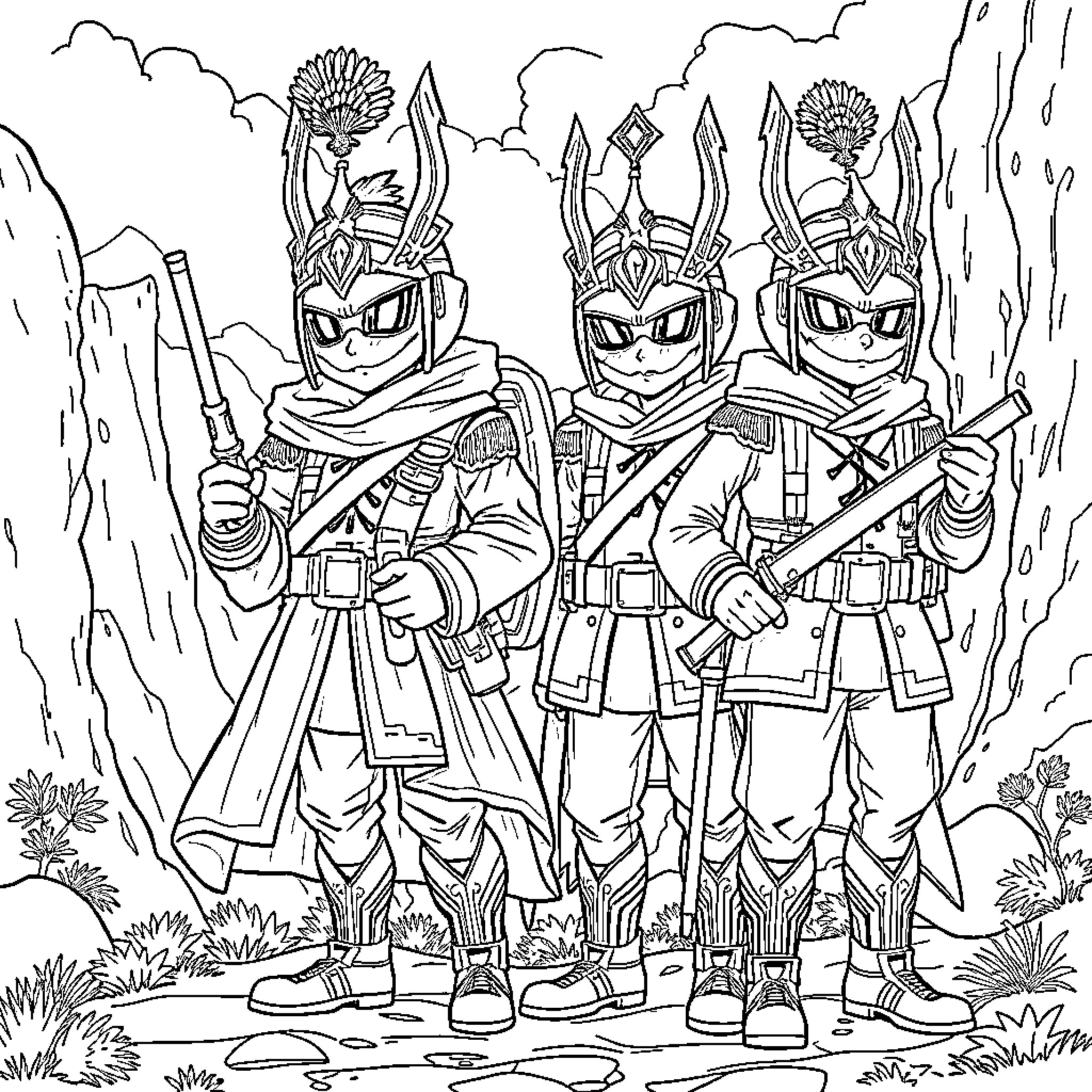Daemon Hunters in Fierce Battle Stance Coloring Page (free black-and-white line drawing printable PDF for all, from beginners to advanced learners, including children, teens, adults, and seniors)
