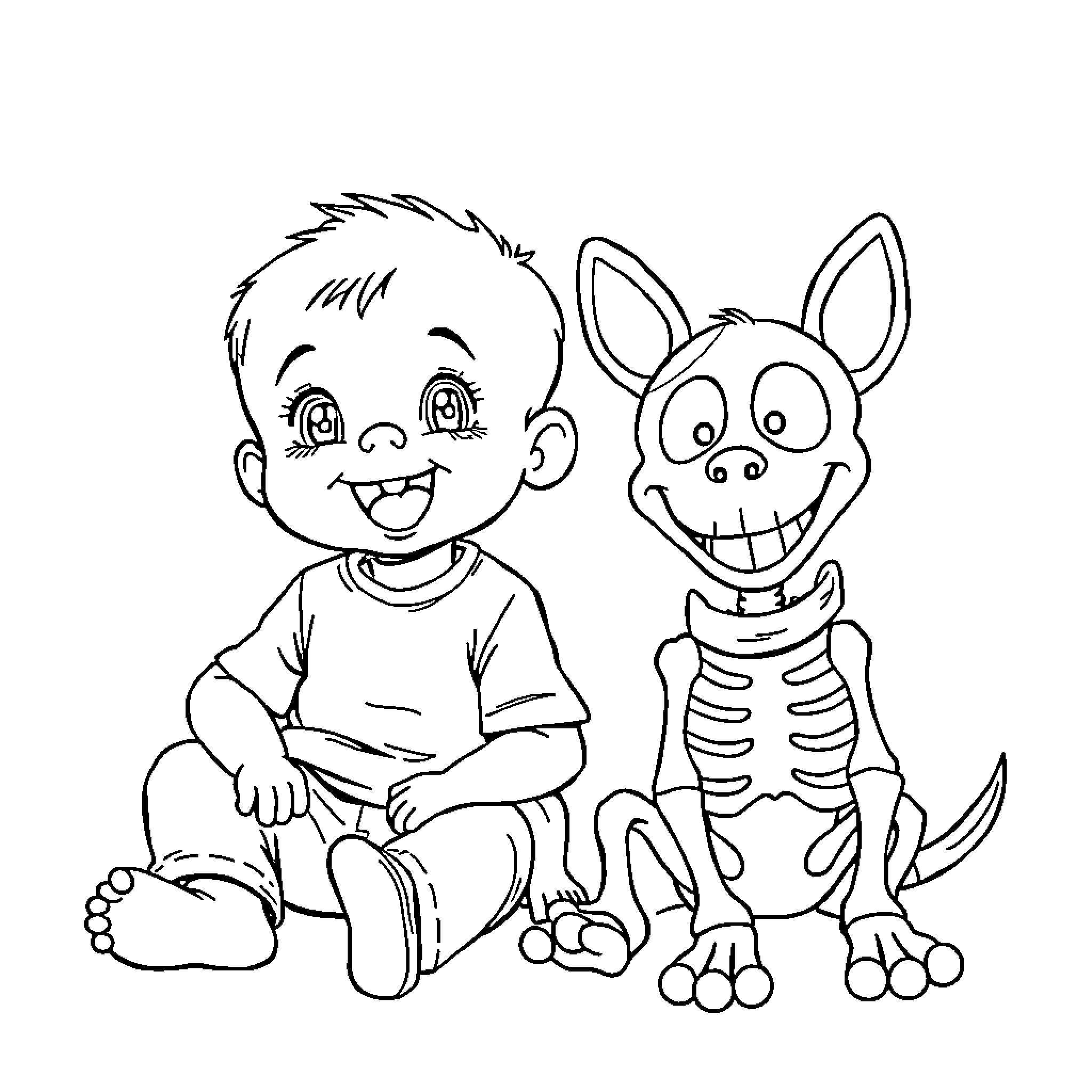 Skeleton Dog and Boy Playing Together Coloring Page (free black-and-white line drawing printable PDF for all, from beginners to advanced learners, including children, teens, adults, and seniors)