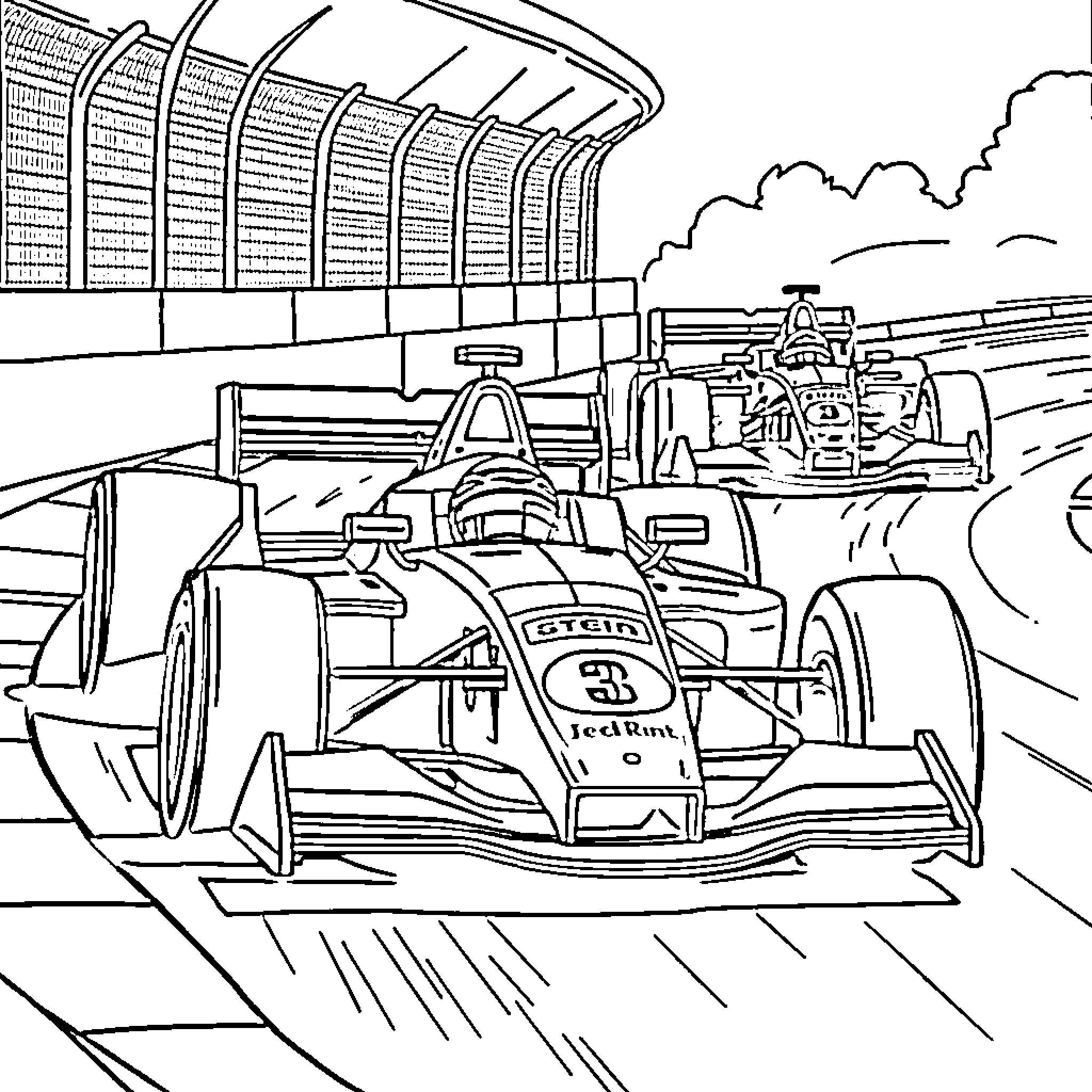 Formula One Race Cars on the Track Coloring Page (free black-and-white line drawing printable PDF for all, from beginners to advanced learners, including children, teens, adults, and seniors)