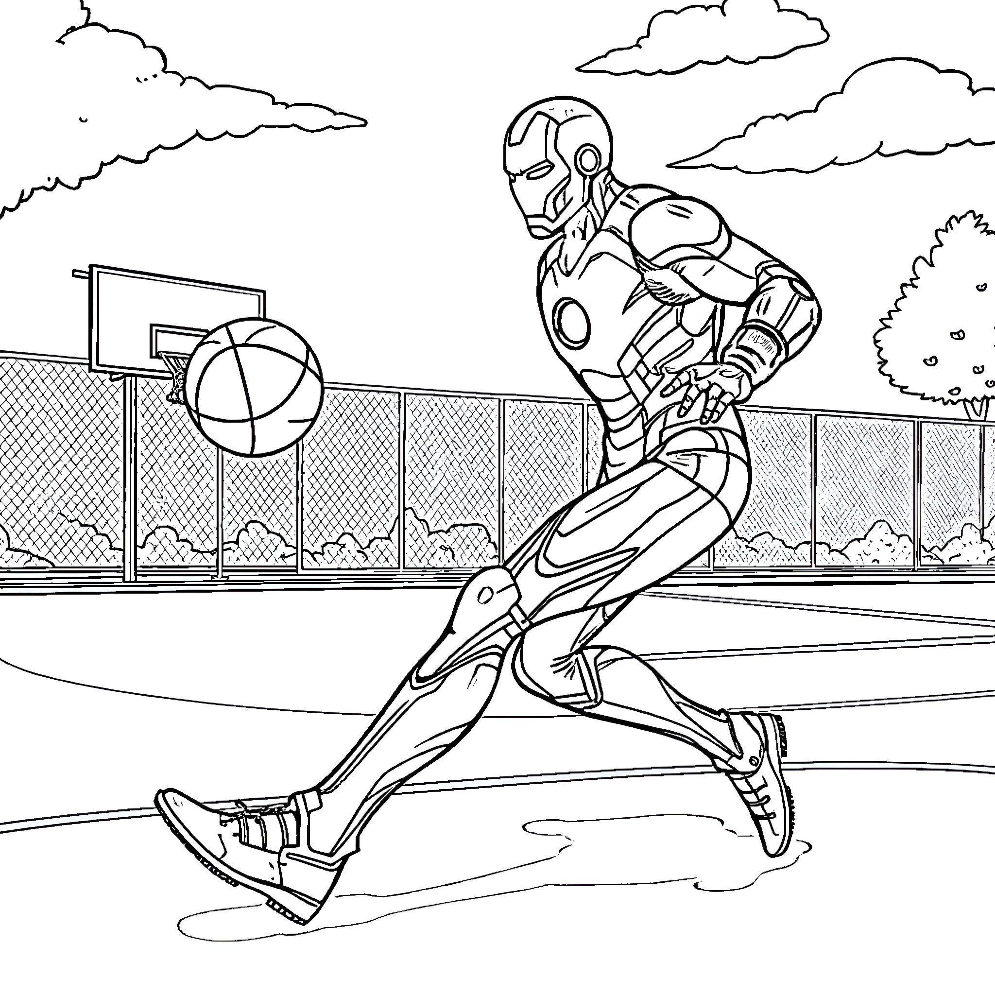 Ironman in action, running on the basketball court Coloring Page (free black-and-white line drawing printable PDF for all, from beginners to advanced learners, including children, teens, adults, and seniors)
