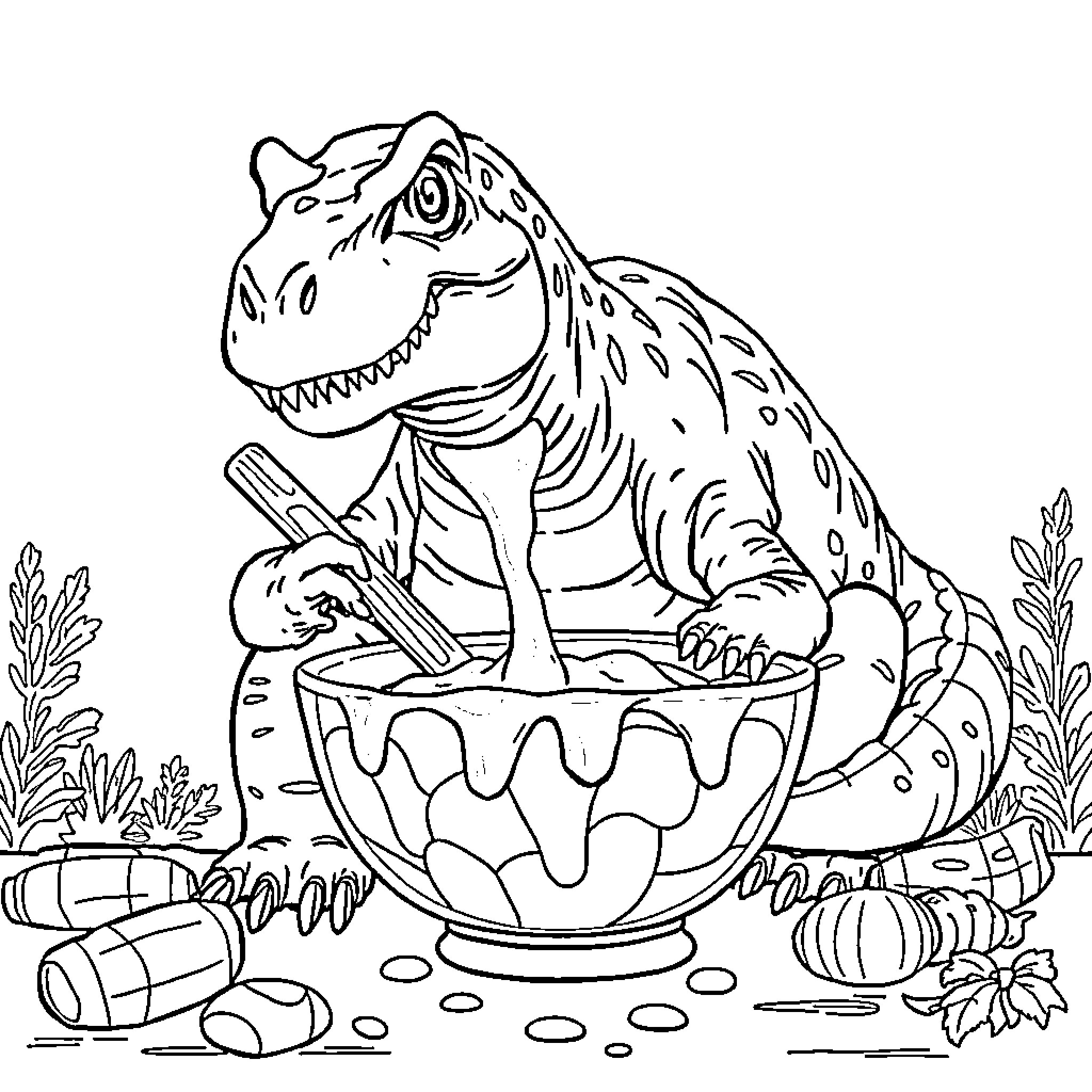 Allosaurus feasting in a colorful bowl Coloring Page (free black-and-white line drawing printable PDF for all, from beginners to advanced learners, including children, teens, adults, and seniors)