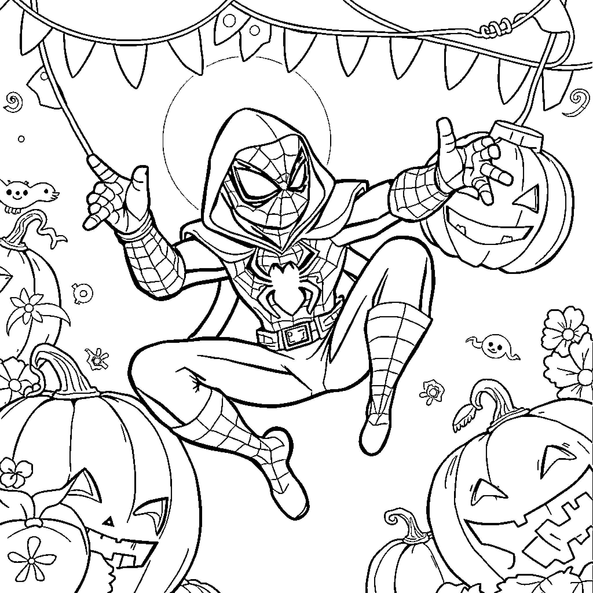 Spiderman's Spooky Halloween Adventure Coloring Page (free black-and-white line drawing printable PDF for all, from beginners to advanced learners, including children, teens, adults, and seniors)