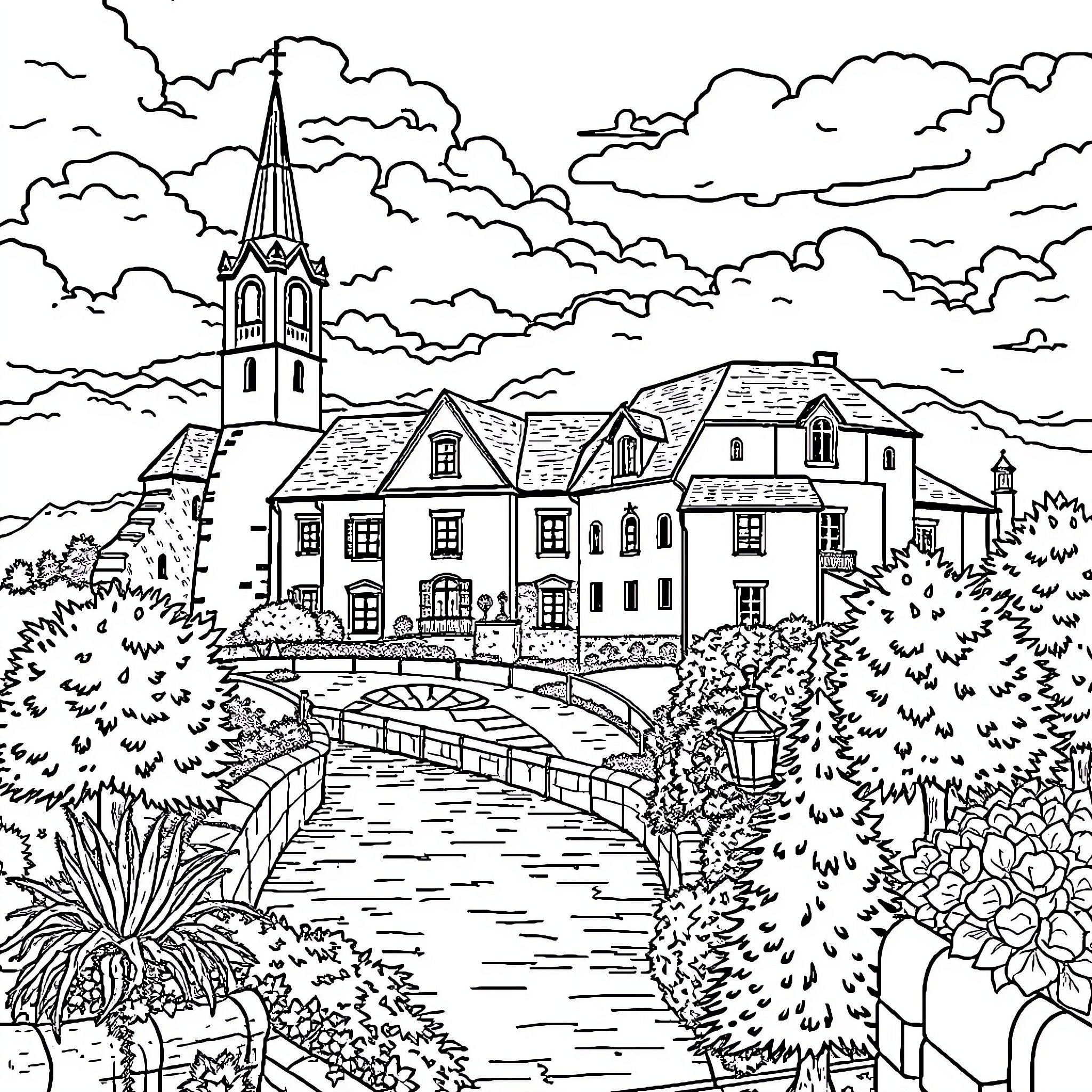 France town with historic church and scenic landscape Coloring Page (free black-and-white line drawing printable PDF for all, from beginners to advanced learners, including children, teens, adults, and seniors)
