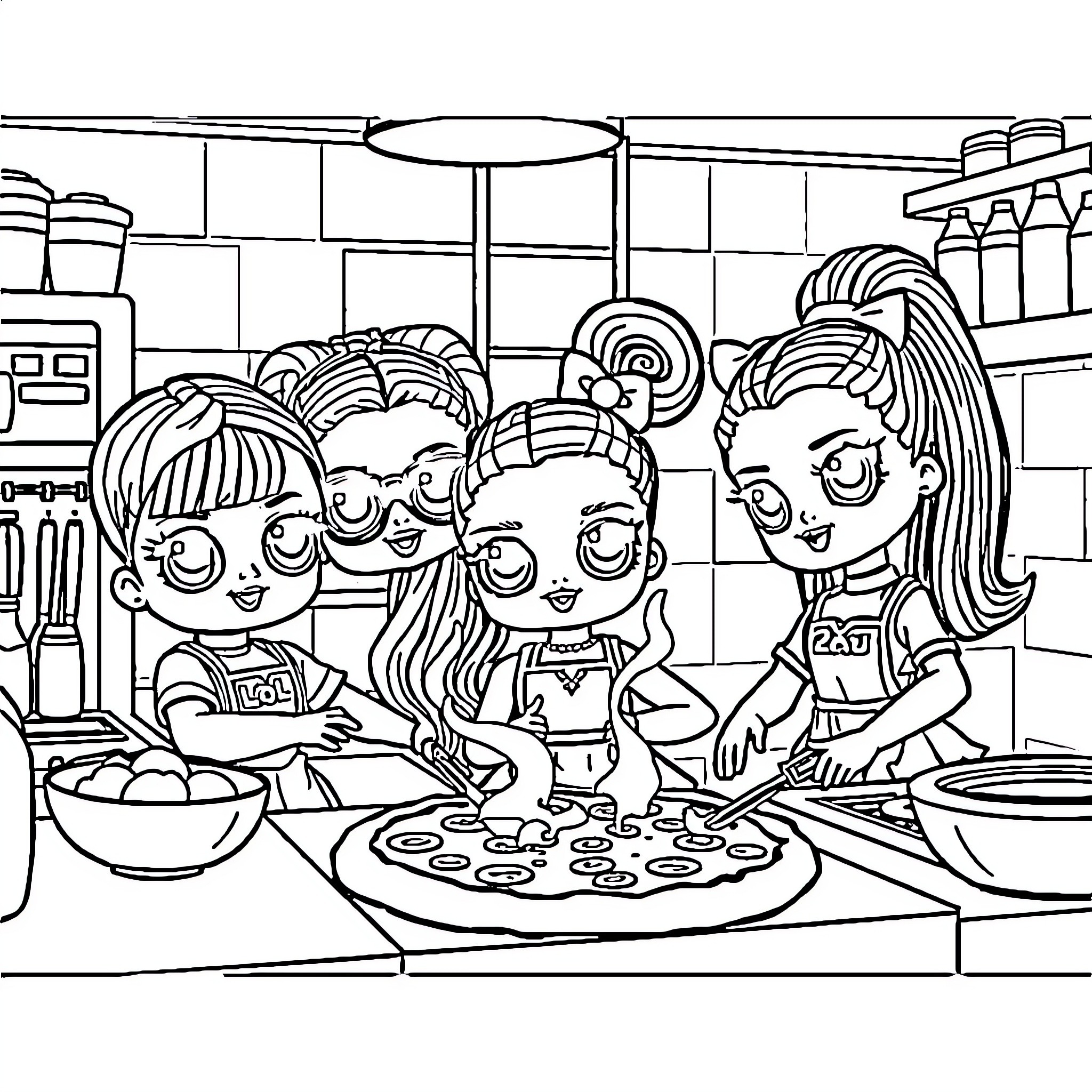 Lol Dolls making cookies in the kitchen Coloring Page (free black-and-white line drawing printable PDF for all, from beginners to advanced learners, including children, teens, adults, and seniors)