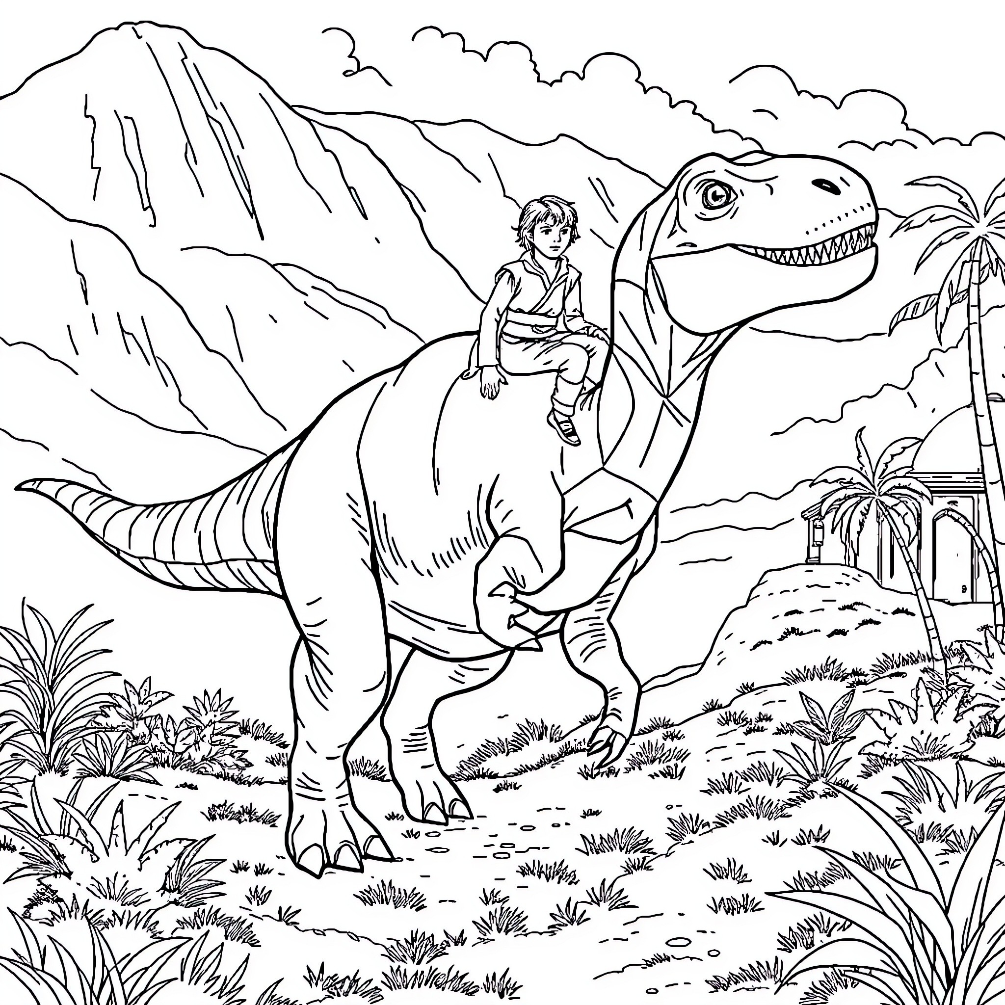 Luke Skywalker riding on a dinosaur-like creature in a prehistoric landscape Coloring Page (free black-and-white line drawing printable PDF for all, from beginners to advanced learners, including children, teens, adults, and seniors)