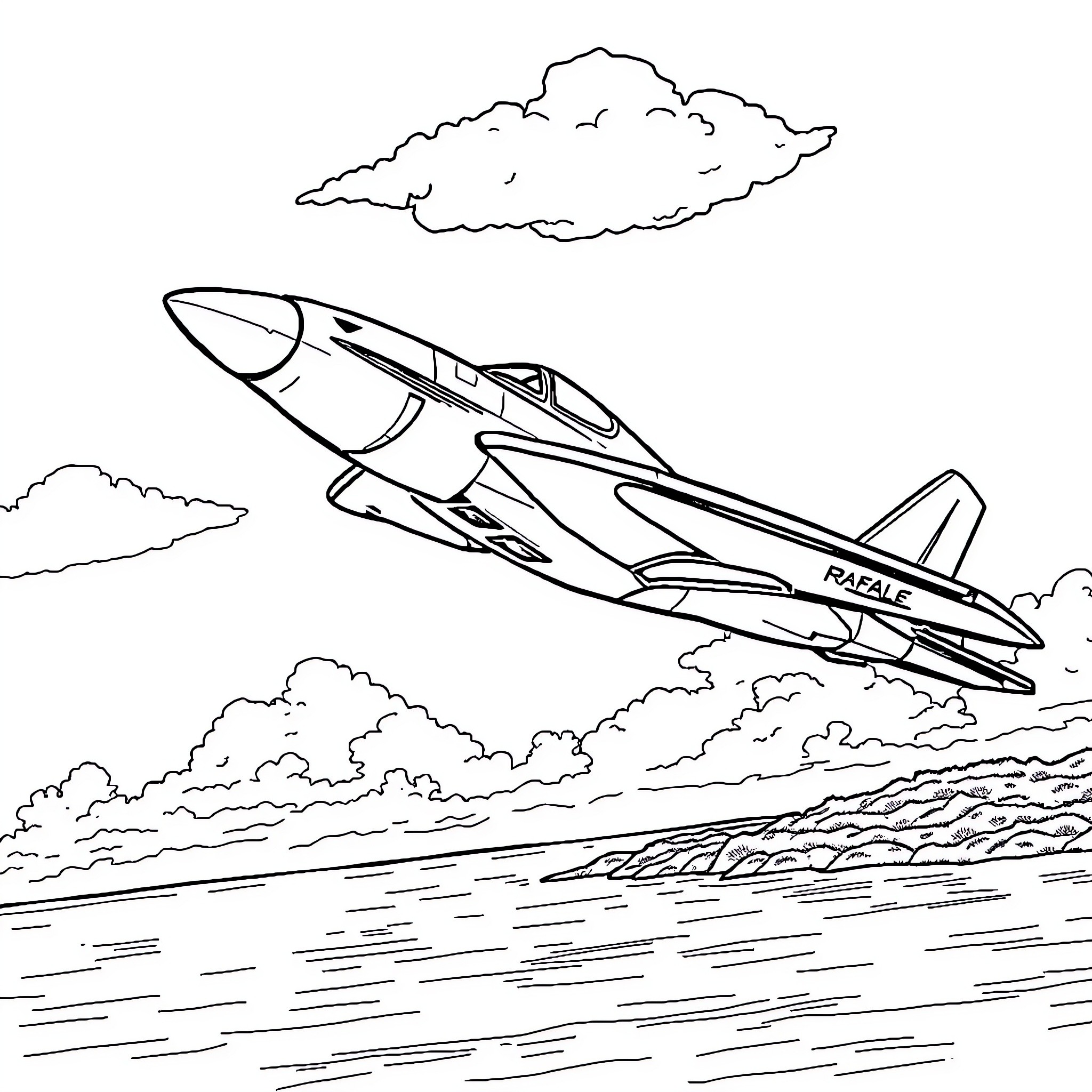 Jet soaring through the skies over the clouds Coloring Page (free black-and-white line drawing printable PDF for all, from beginners to advanced learners, including children, teens, adults, and seniors)
