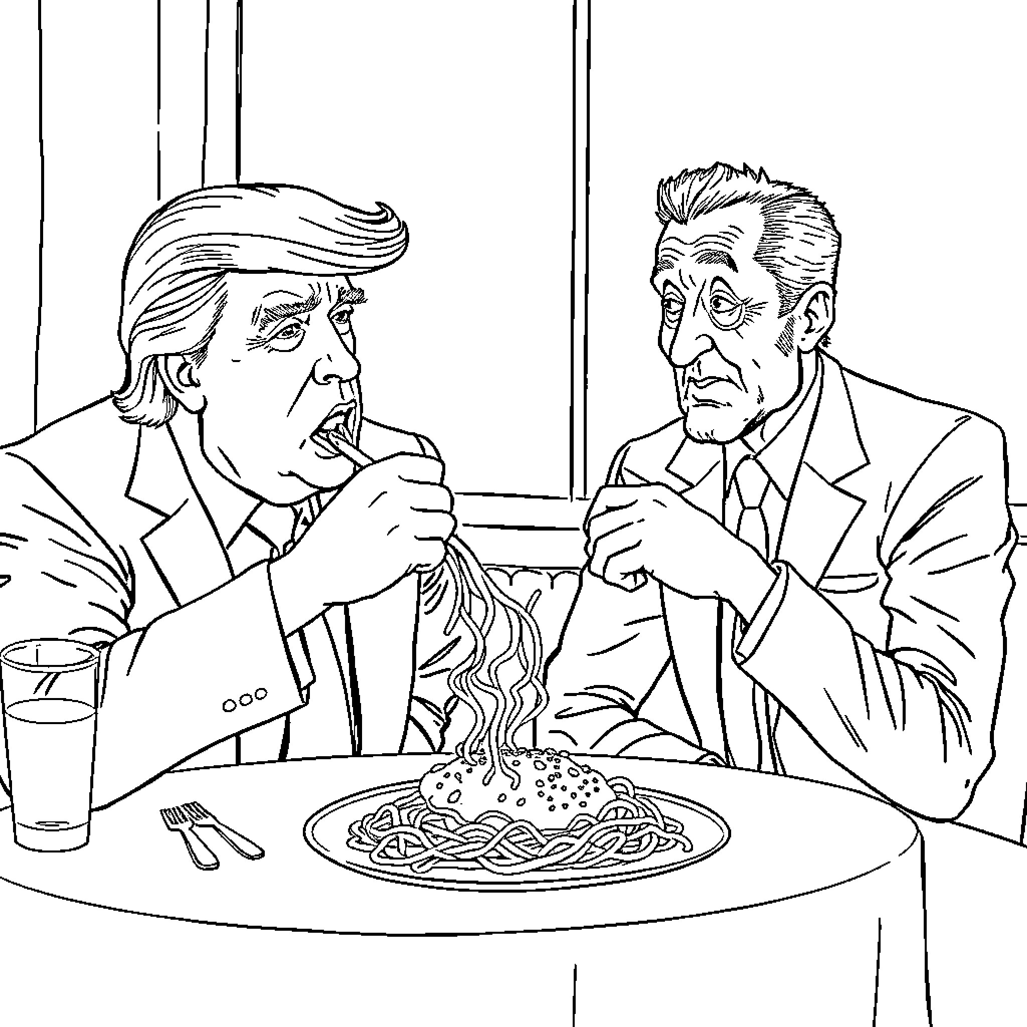 Donald Trump and Associate Discussing Over Dinner Coloring Page (free black-and-white line drawing printable PDF for all, from beginners to advanced learners, including children, teens, adults, and seniors)