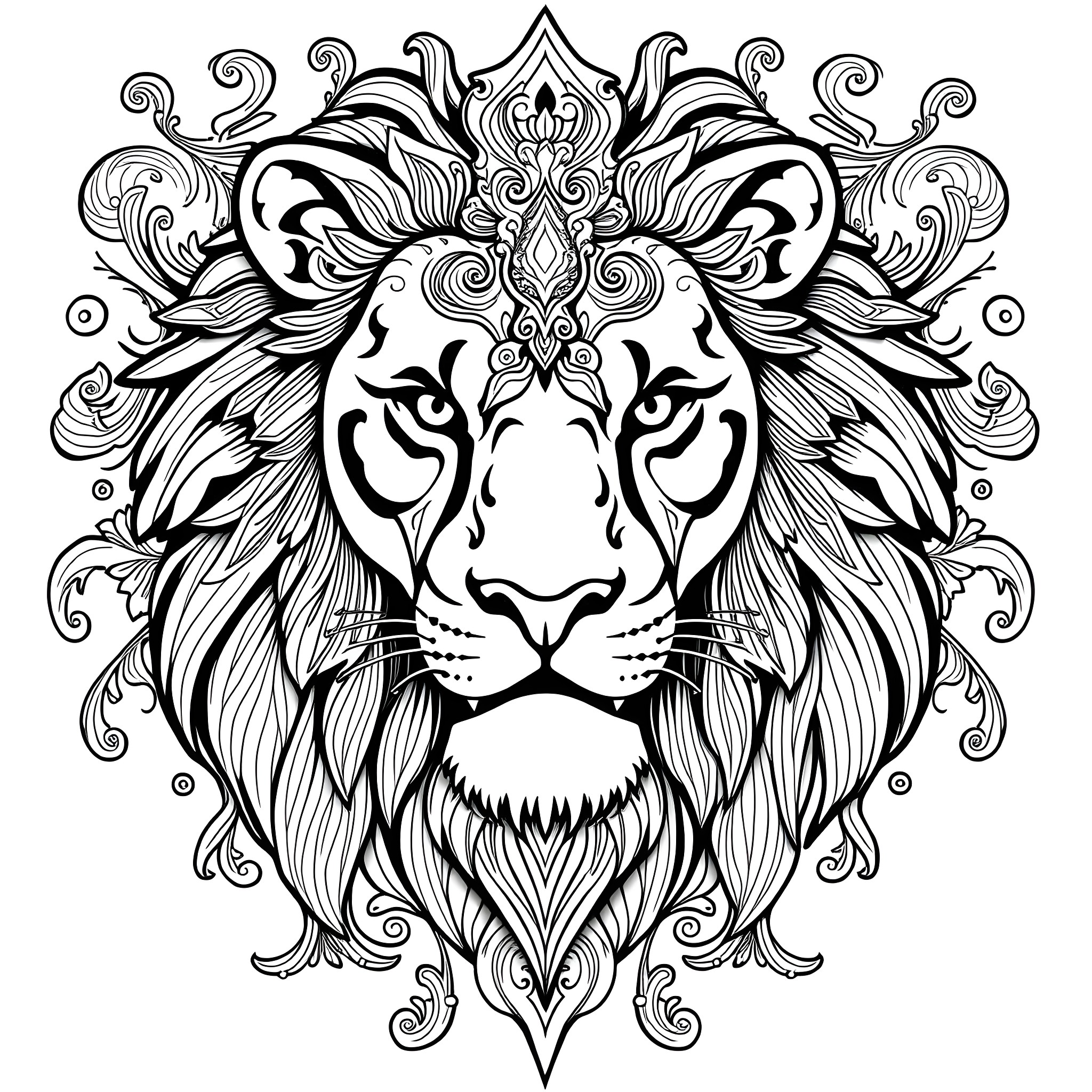 Lion with ornate illustrative elements Coloring Page (free black-and-white line drawing printable PDF for all, from beginners to advanced learners, including children, teens, adults, and seniors)