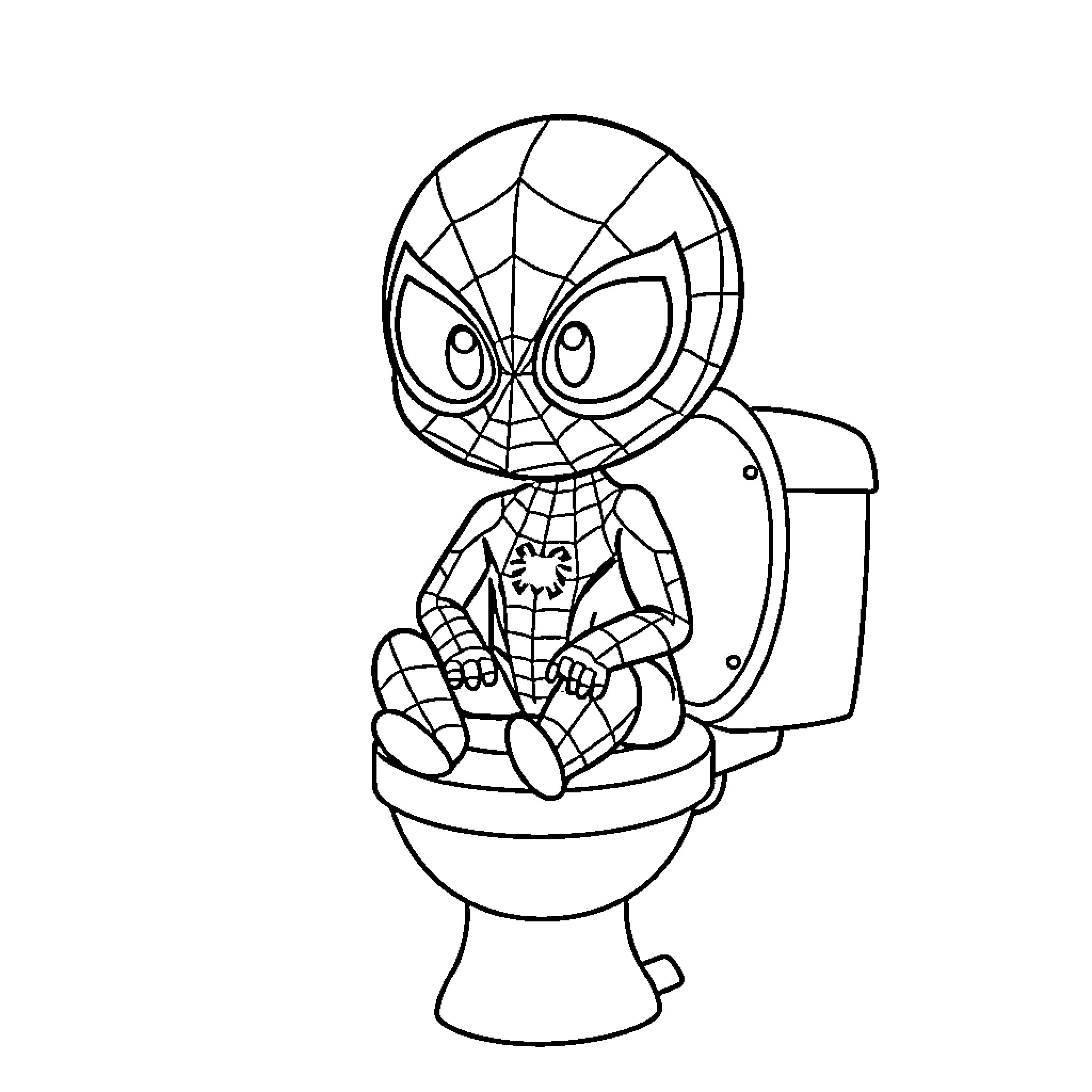 Spiderman sitting on a toilet Coloring Page (free black-and-white line drawing printable PDF for all, from beginners to advanced learners, including children, teens, adults, and seniors)