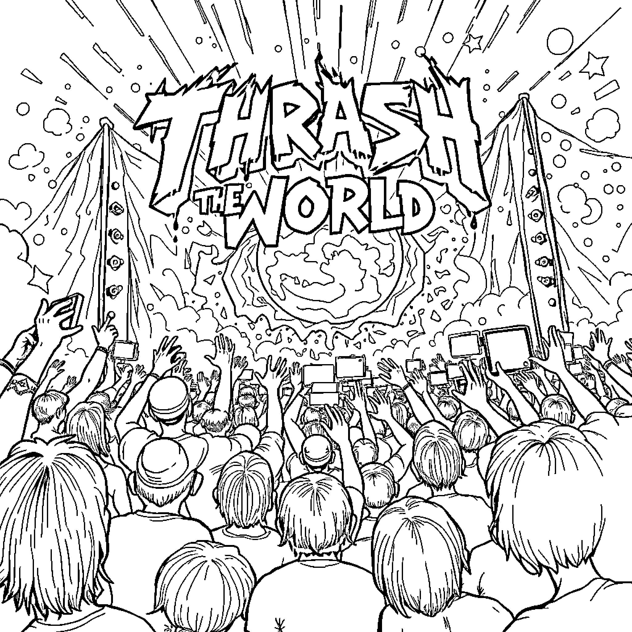 Thrash the World: An Energetic Rock Concert Scene Coloring Page (free black-and-white line drawing printable PDF for all, from beginners to advanced learners, including children, teens, adults, and seniors)