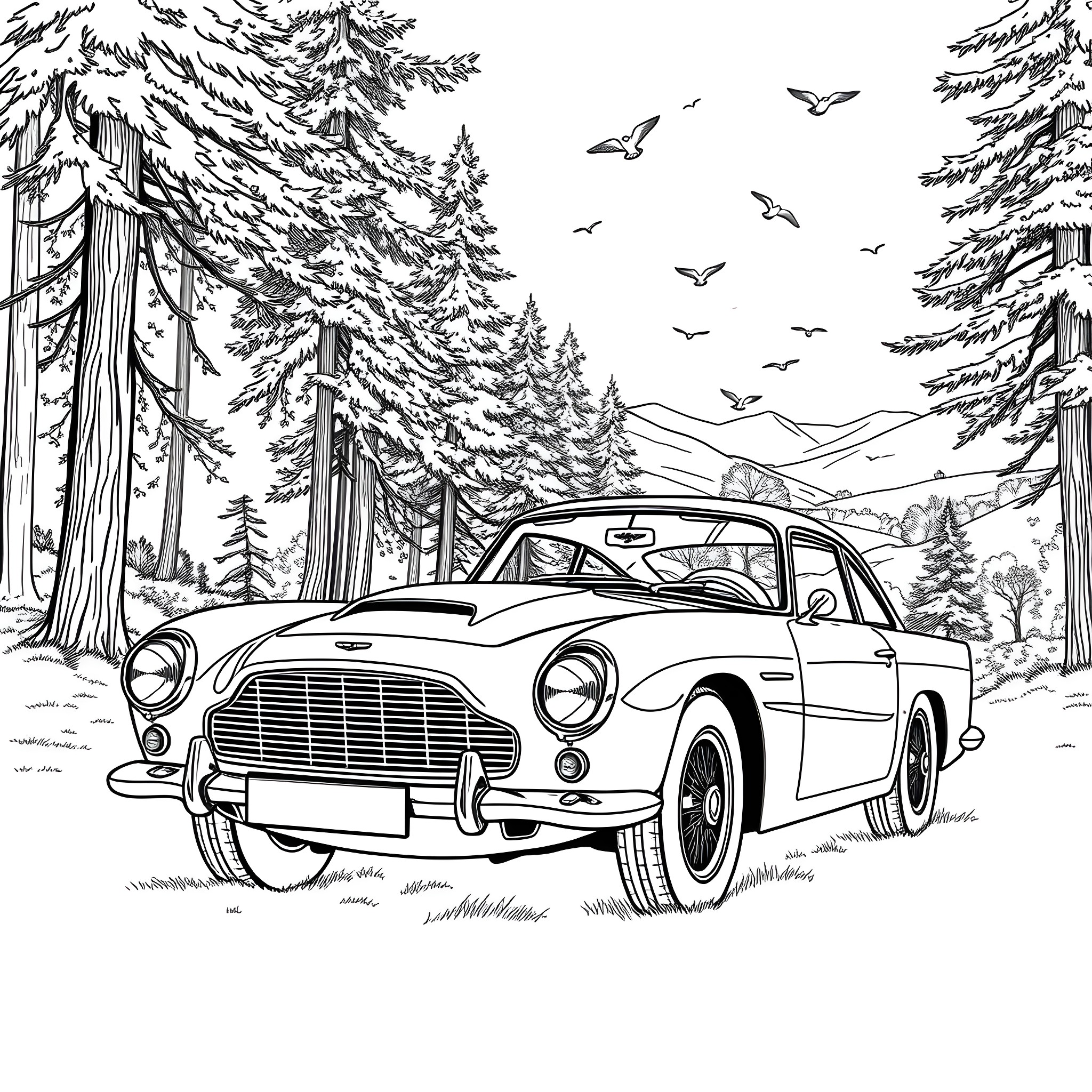 Aston Martin sports car driving through snowy forest Coloring Page (free black-and-white line drawing printable PDF for all, from beginners to advanced learners, including children, teens, adults, and seniors)