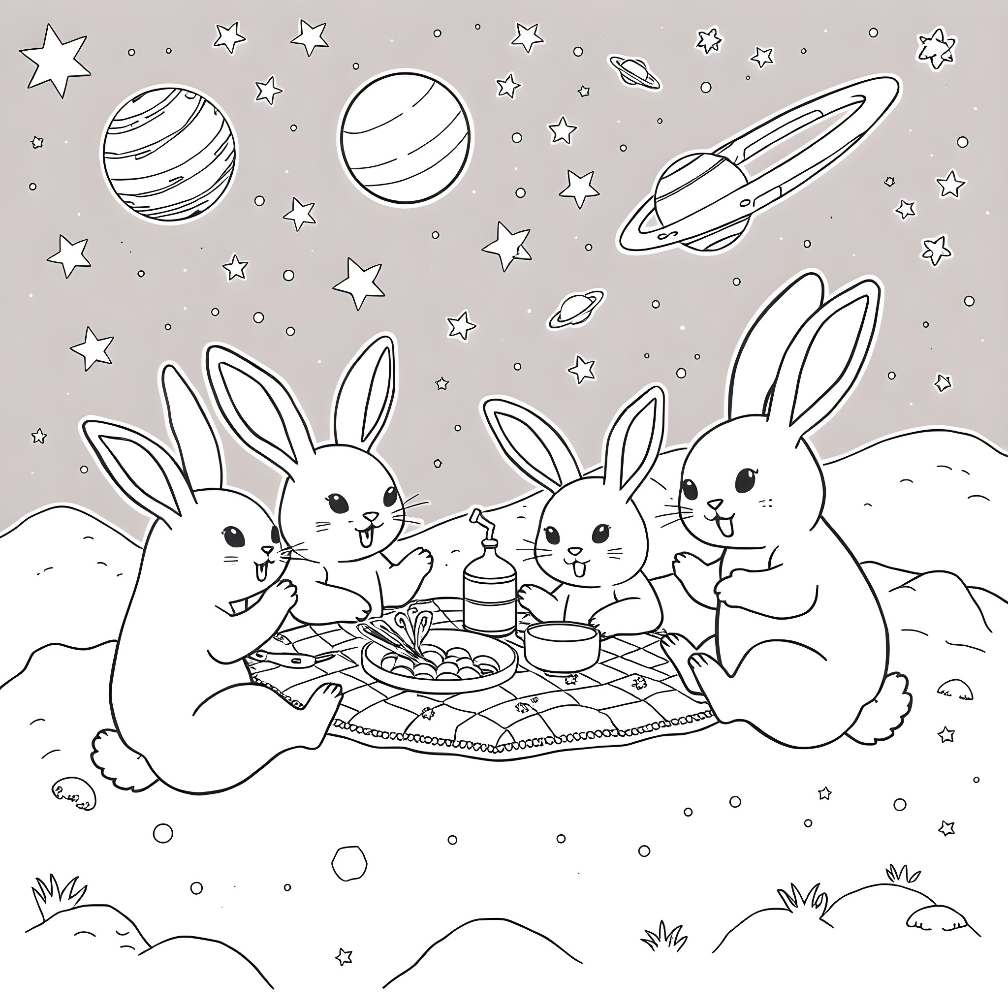 Bunny friends having a picnic under the starry night sky Coloring Page (free black-and-white line drawing printable PDF for all, from beginners to advanced learners, including children, teens, adults, and seniors)