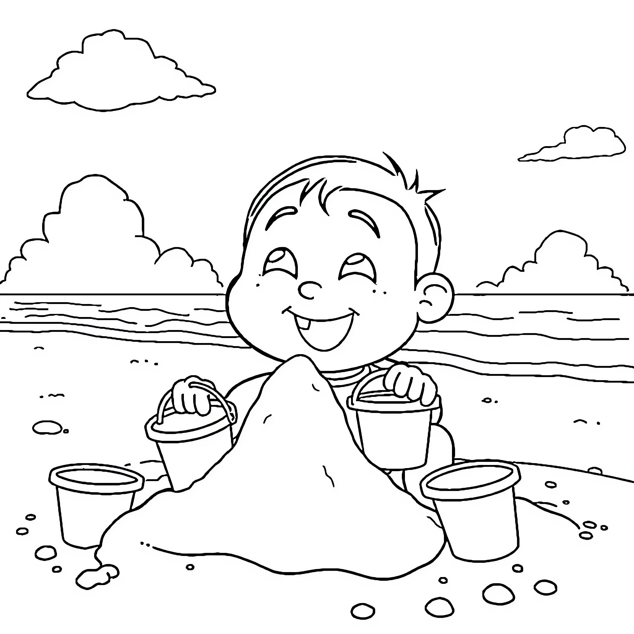 Shin Chan playing happily on the beach Coloring Page (free black-and-white line drawing printable PDF for all, from beginners to advanced learners, including children, teens, adults, and seniors)