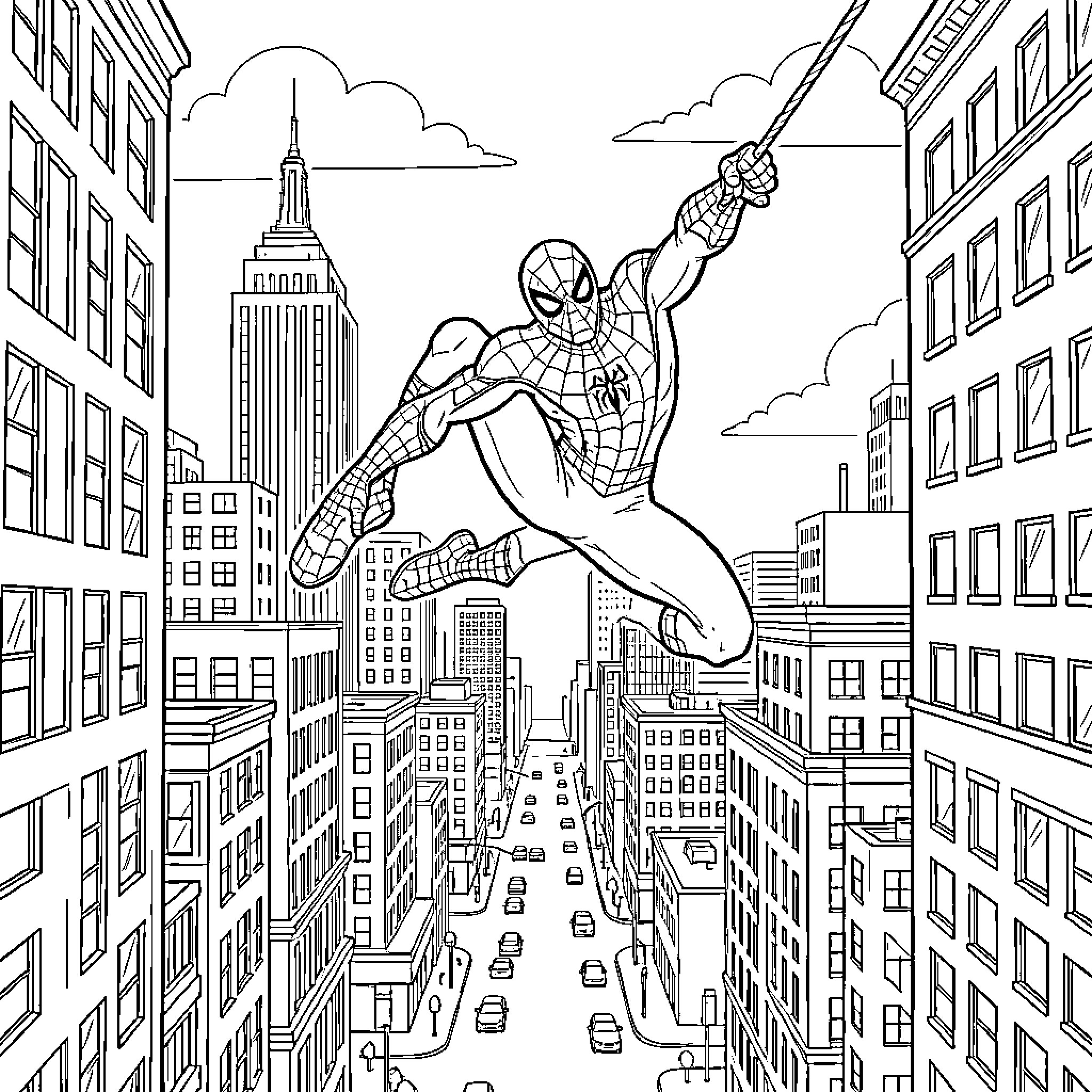 Spiderman swinging through the city skyline Coloring Page (free black-and-white line drawing printable PDF for all, from beginners to advanced learners, including children, teens, adults, and seniors)