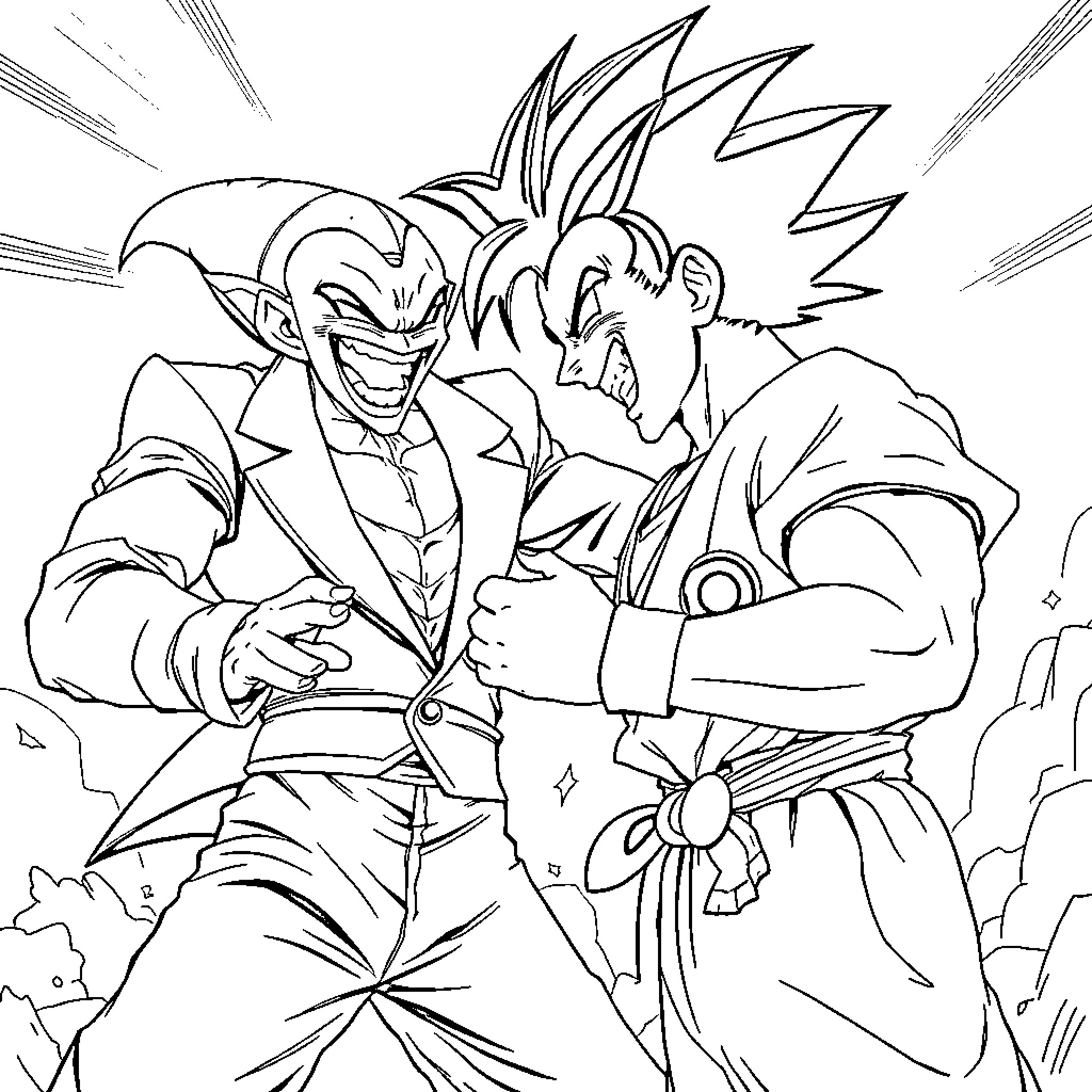 Joker Characters Engaged in Intense Action Coloring Page (free black-and-white line drawing printable PDF for all, from beginners to advanced learners, including children, teens, adults, and seniors)