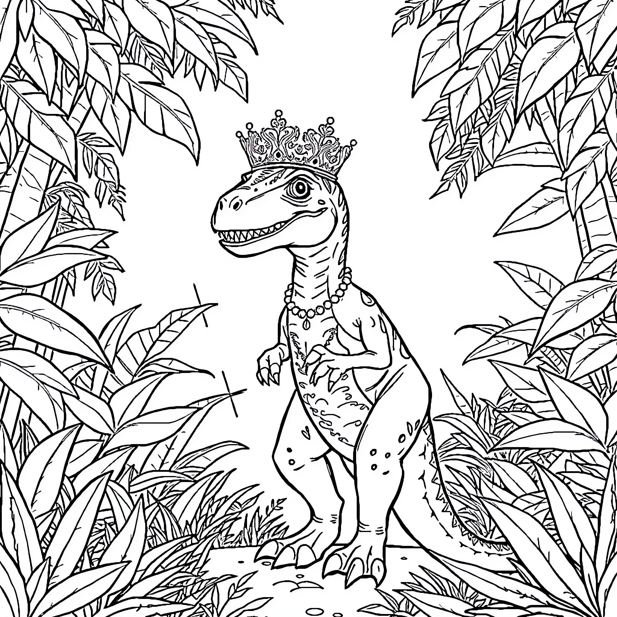 Velociraptor crowned ruler in lush jungle setting Coloring Page (free black-and-white line drawing printable PDF for all, from beginners to advanced learners, including children, teens, adults, and seniors)