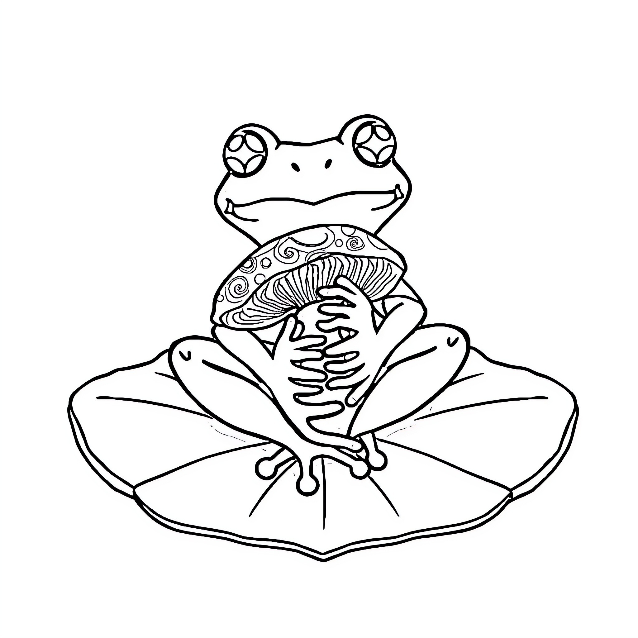 Frog sitting on a mushroom in nature Coloring Page (free black-and-white line drawing printable PDF for all, from beginners to advanced learners, including children, teens, adults, and seniors)