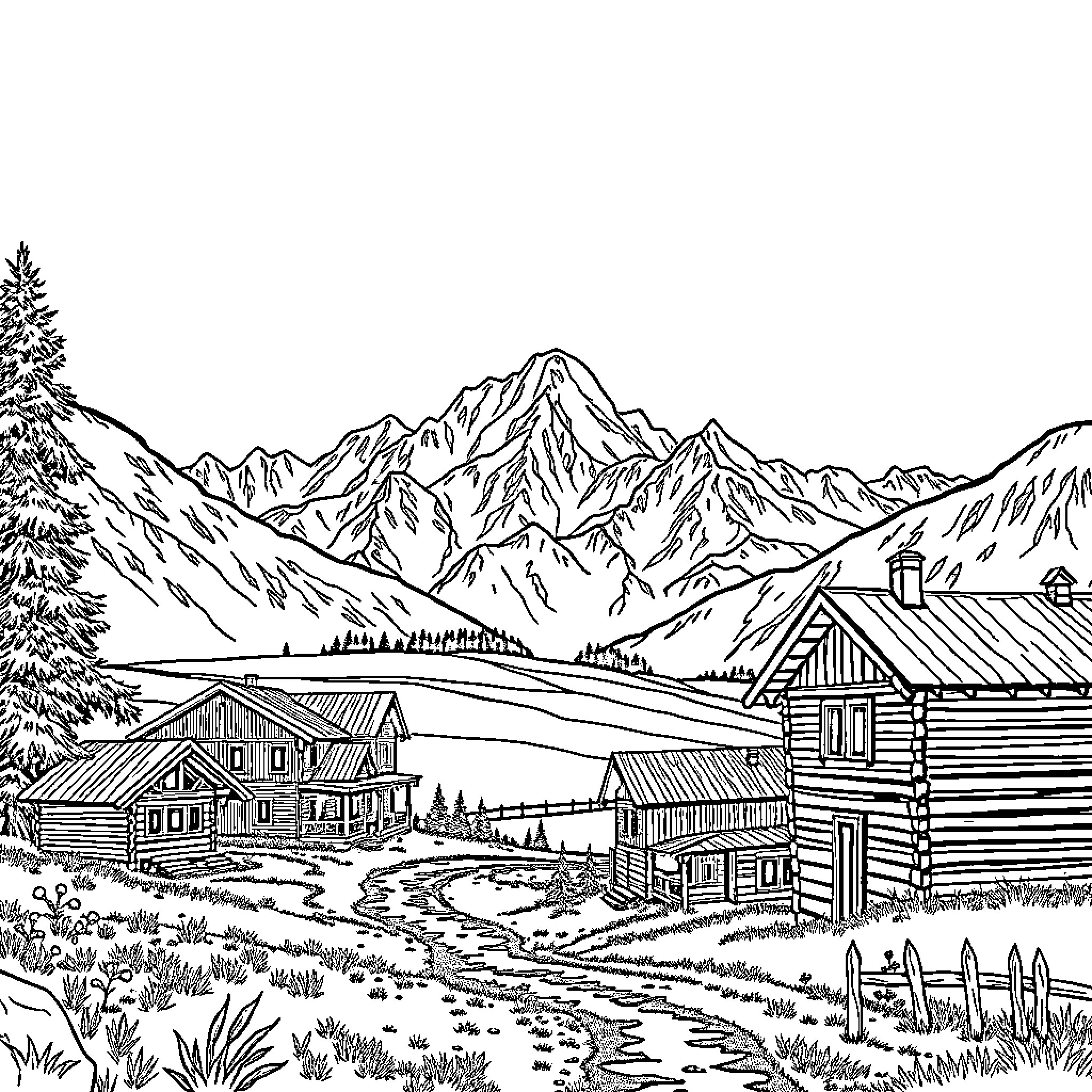 Village nestled in the scenic mountain landscape Coloring Page (free black-and-white line drawing printable PDF for all, from beginners to advanced learners, including children, teens, adults, and seniors)