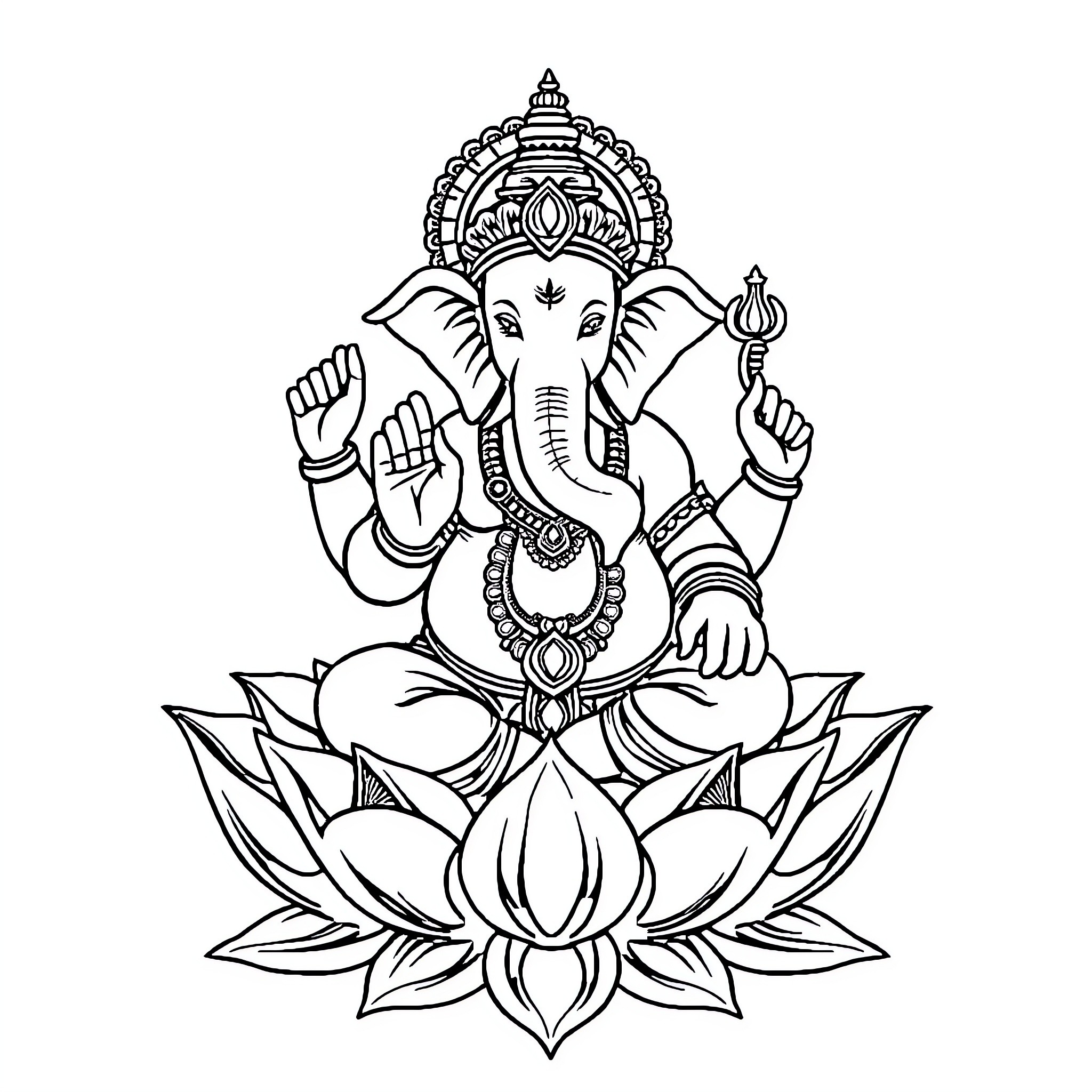Ganapati seated on lotus, holding sacred objects Coloring Page (free black-and-white line drawing printable PDF for all, from beginners to advanced learners, including children, teens, adults, and seniors)