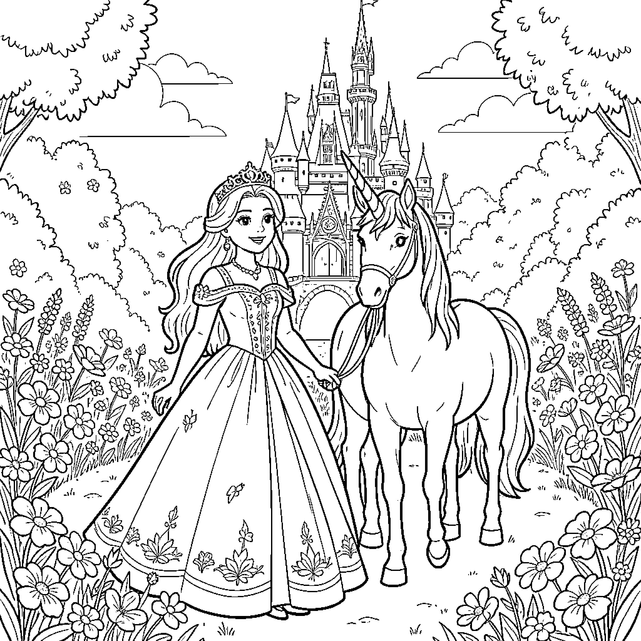 Princess standing gracefully beside her magical unicorn Coloring Page (free black-and-white line drawing printable PDF for all, from beginners to advanced learners, including children, teens, adults, and seniors)