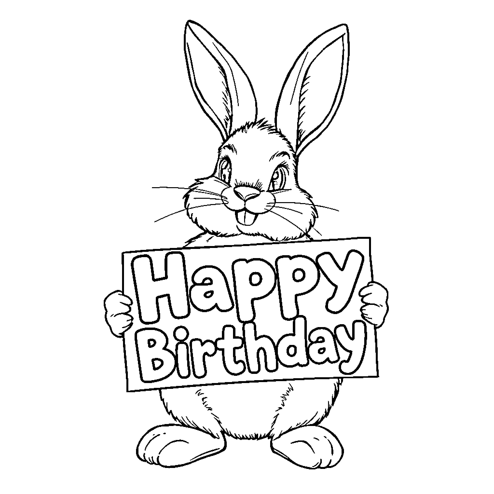 Bunny holding 'Happy Birthday' sign Coloring Page (free black-and-white line drawing printable PDF for all, from beginners to advanced learners, including children, teens, adults, and seniors)