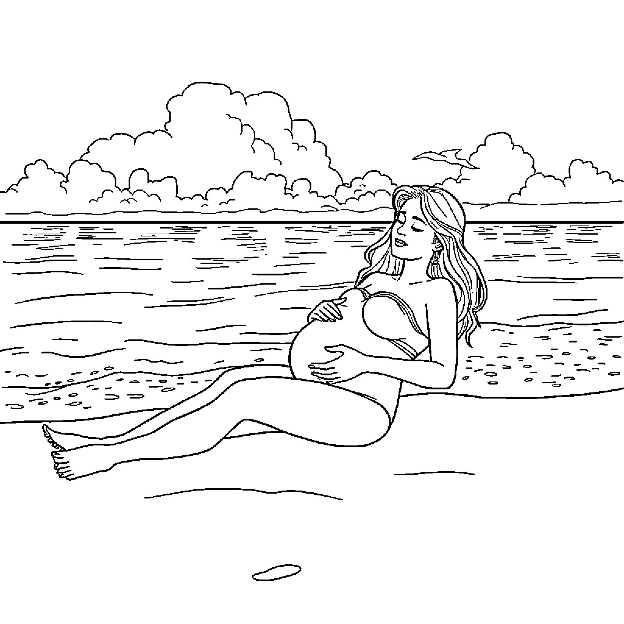 Woman relaxing on the beach Coloring Page (free black-and-white line drawing printable PDF for all, from beginners to advanced learners, including children, teens, adults, and seniors)