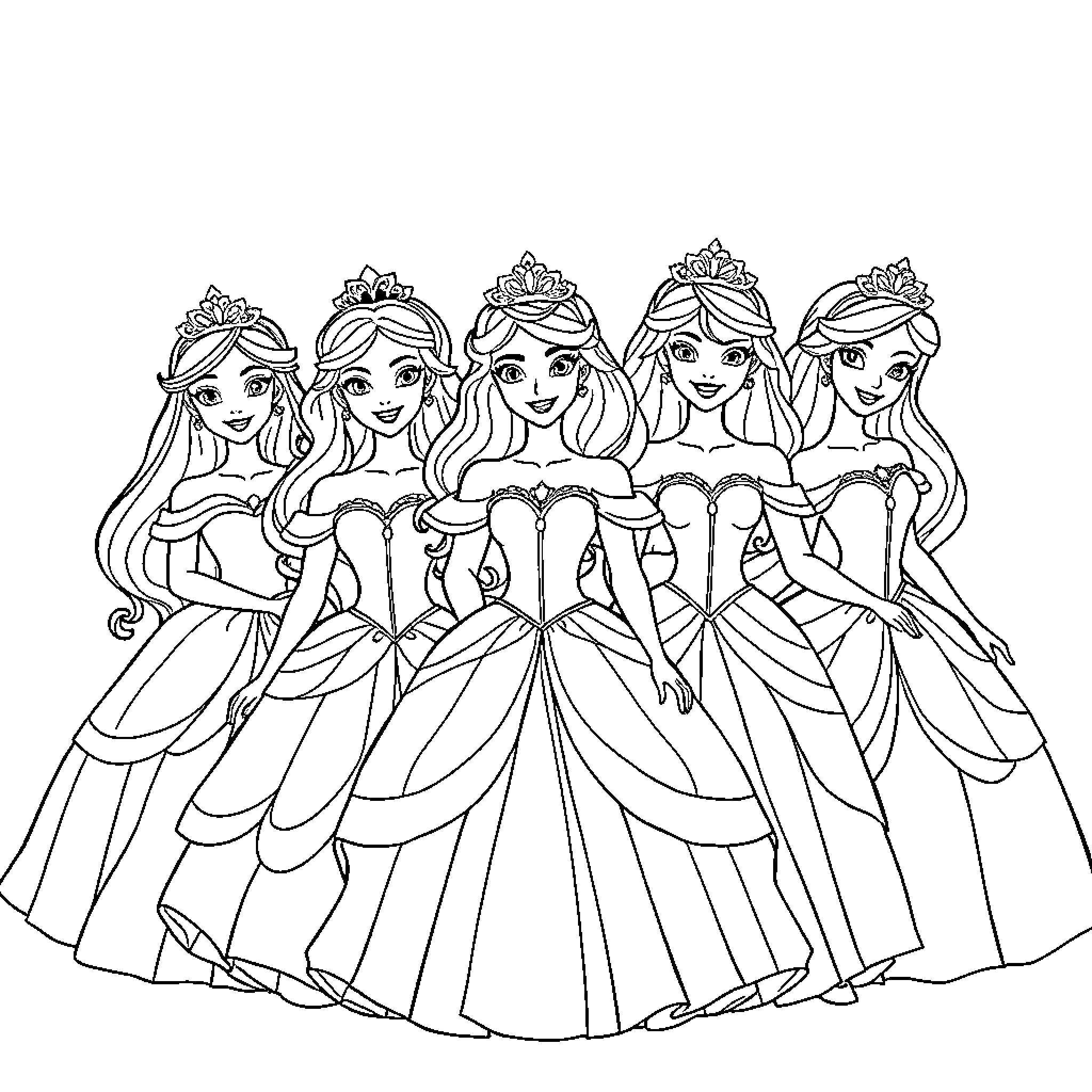 Princess Brides in Elegant Gowns Coloring Page (free black-and-white line drawing printable PDF for all, from beginners to advanced learners, including children, teens, adults, and seniors)